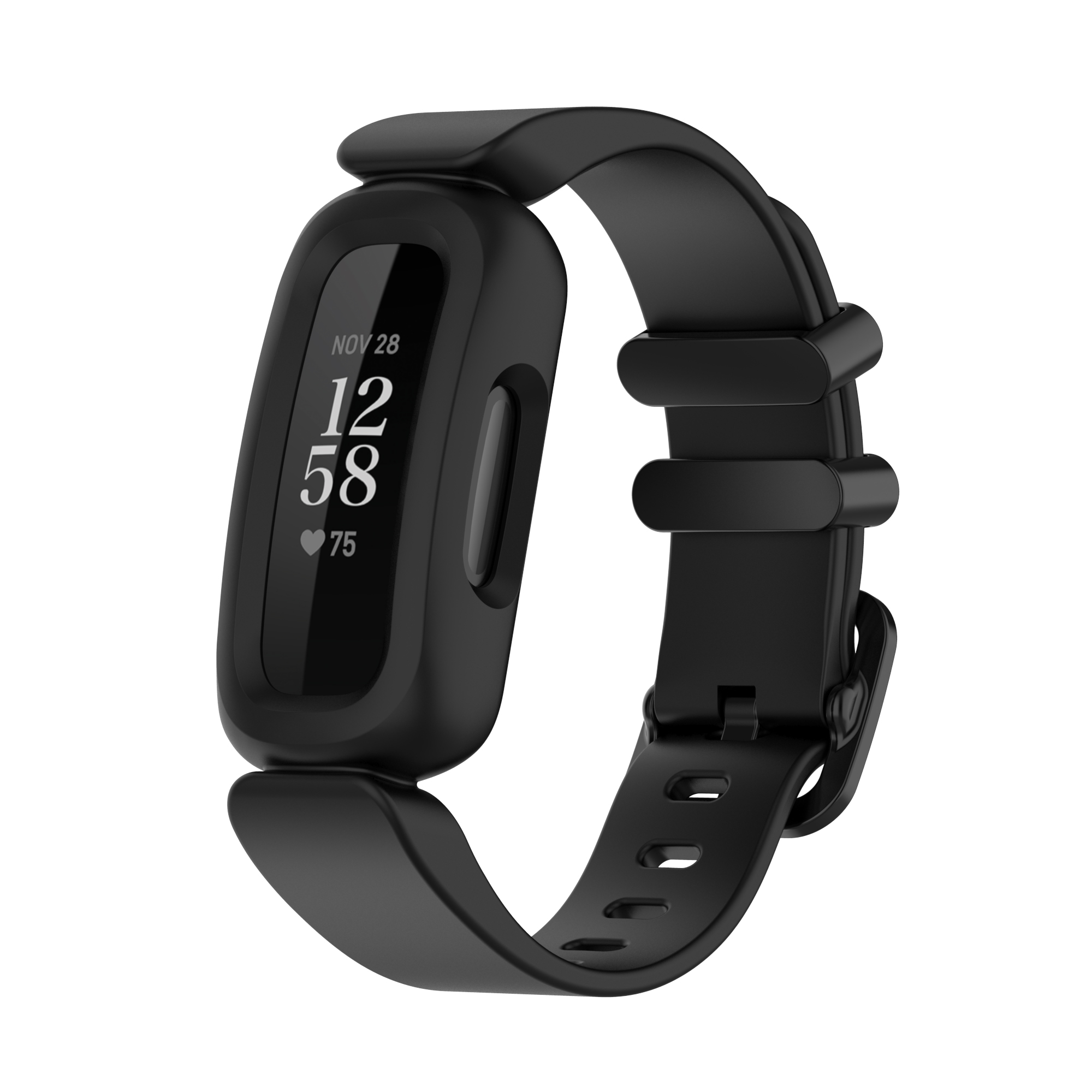 Czarny tracker fitness Fitbit z czarnym paskiem, pokazujący godzinę i tętno na ekranie.