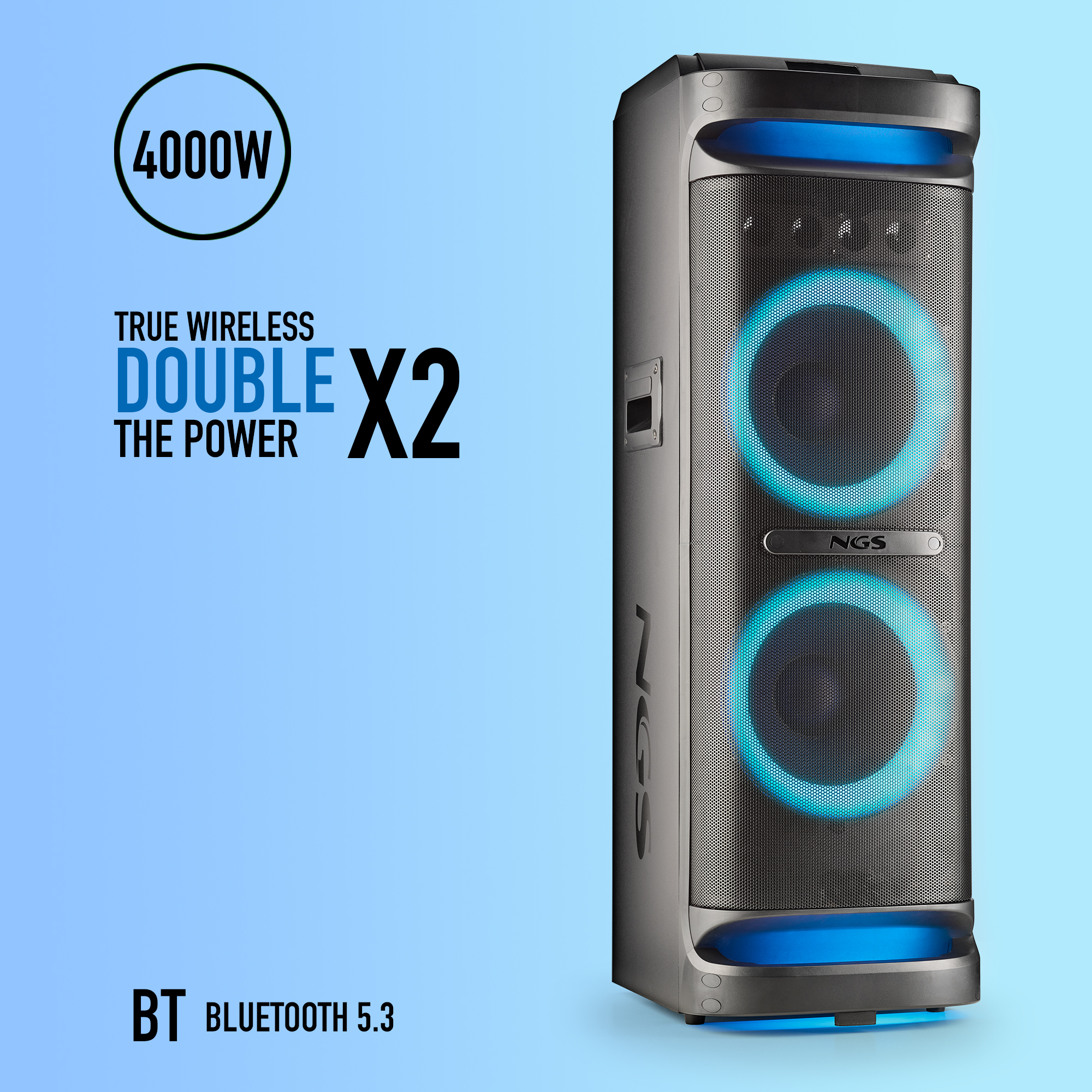 Ein großer Lautsprecher mit blauen Lichtern und Text: True Wireless Double the power X2, BT Bluetooth 5.3.
