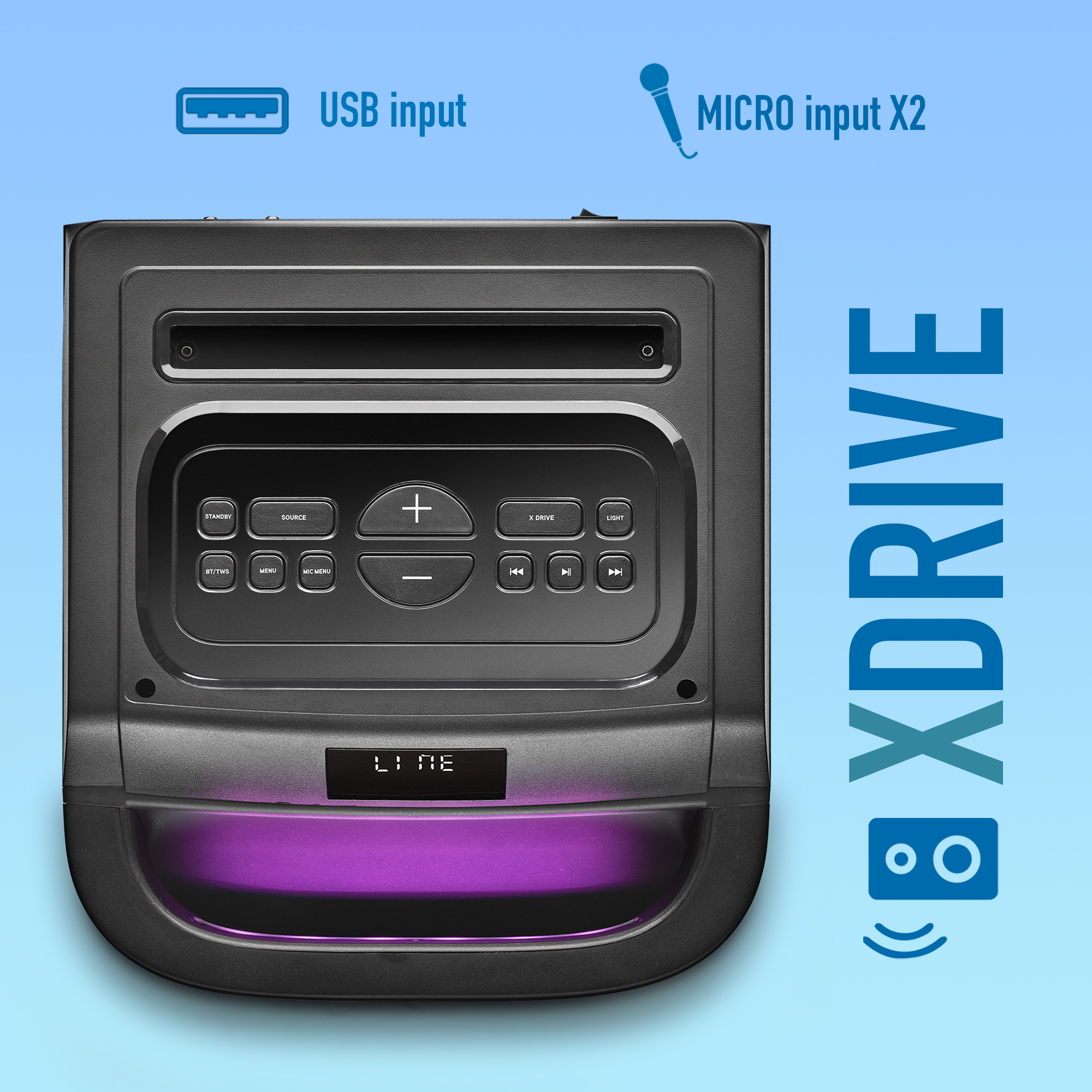 Czarny głośnik z przyciskami, wejściem USB i MICRO oraz logo XDRIVE.