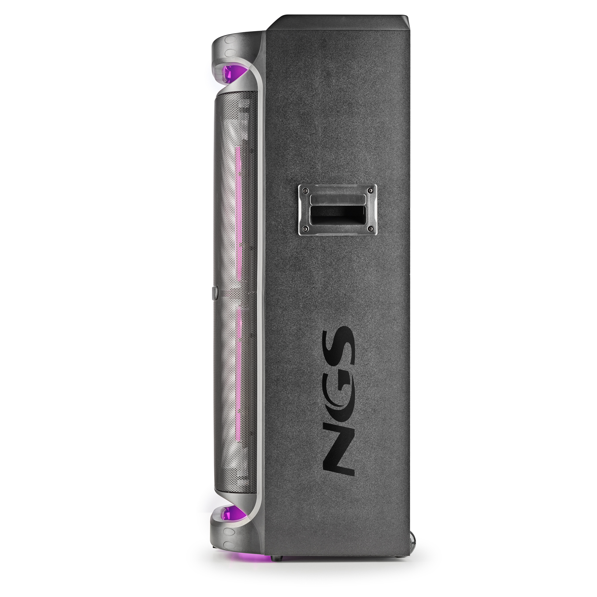 Czarny głośnik NGS, z siatkowym przodem i światłami LED po bokach.