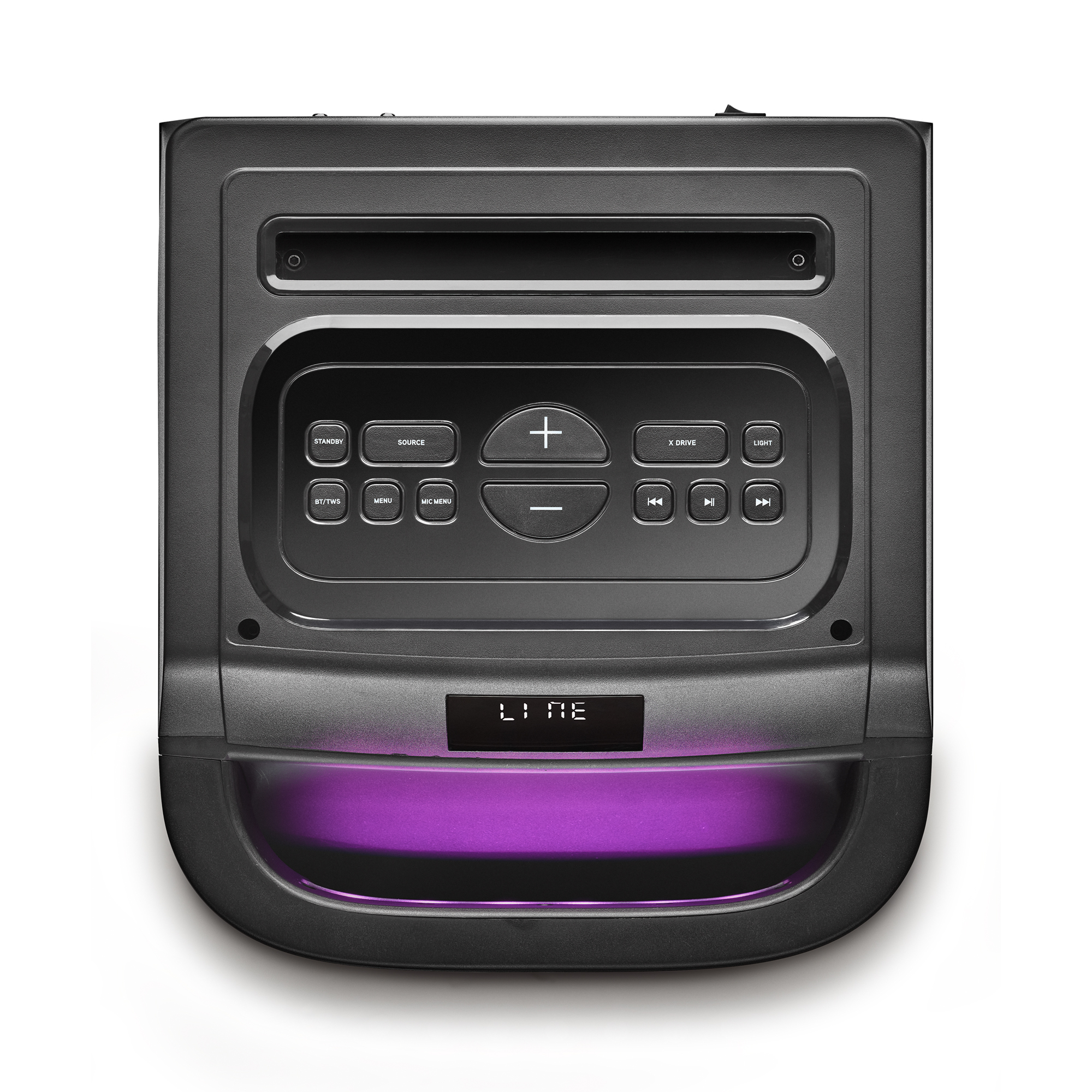 Czarny głośnik z wieloma przyciskami i wyświetlaczem. Fioletowe światło na dole. Białe tło.