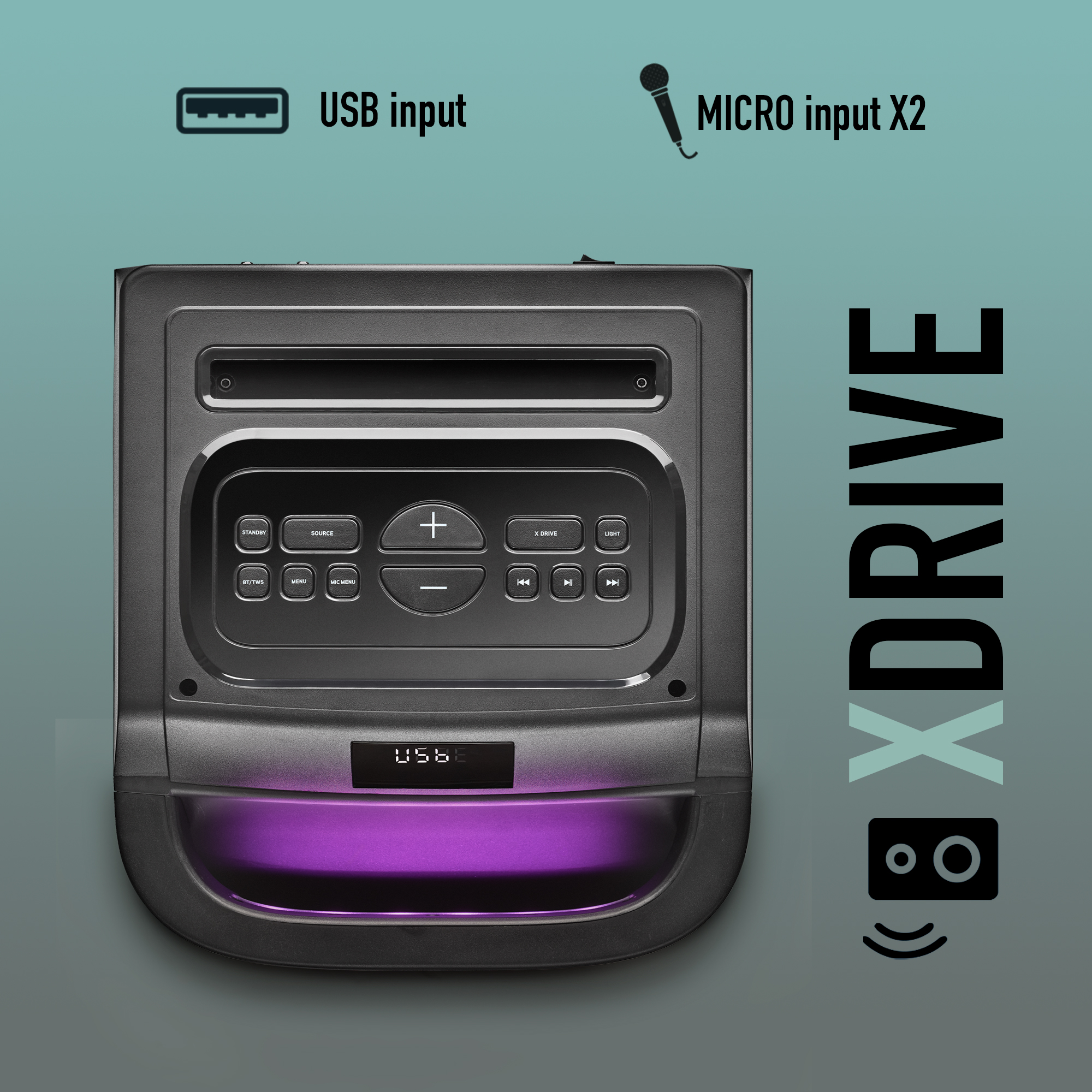 Czarny głośnik z wejściami USB i Micro oraz logo XDRIVE.