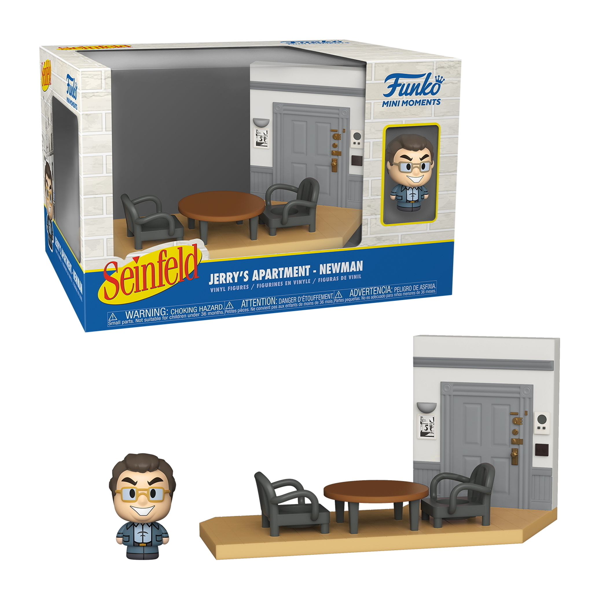 Seinfeld Jerry's Apartment Miniatur-Set mit Figuren von Jerry und Newman, in einer Box.