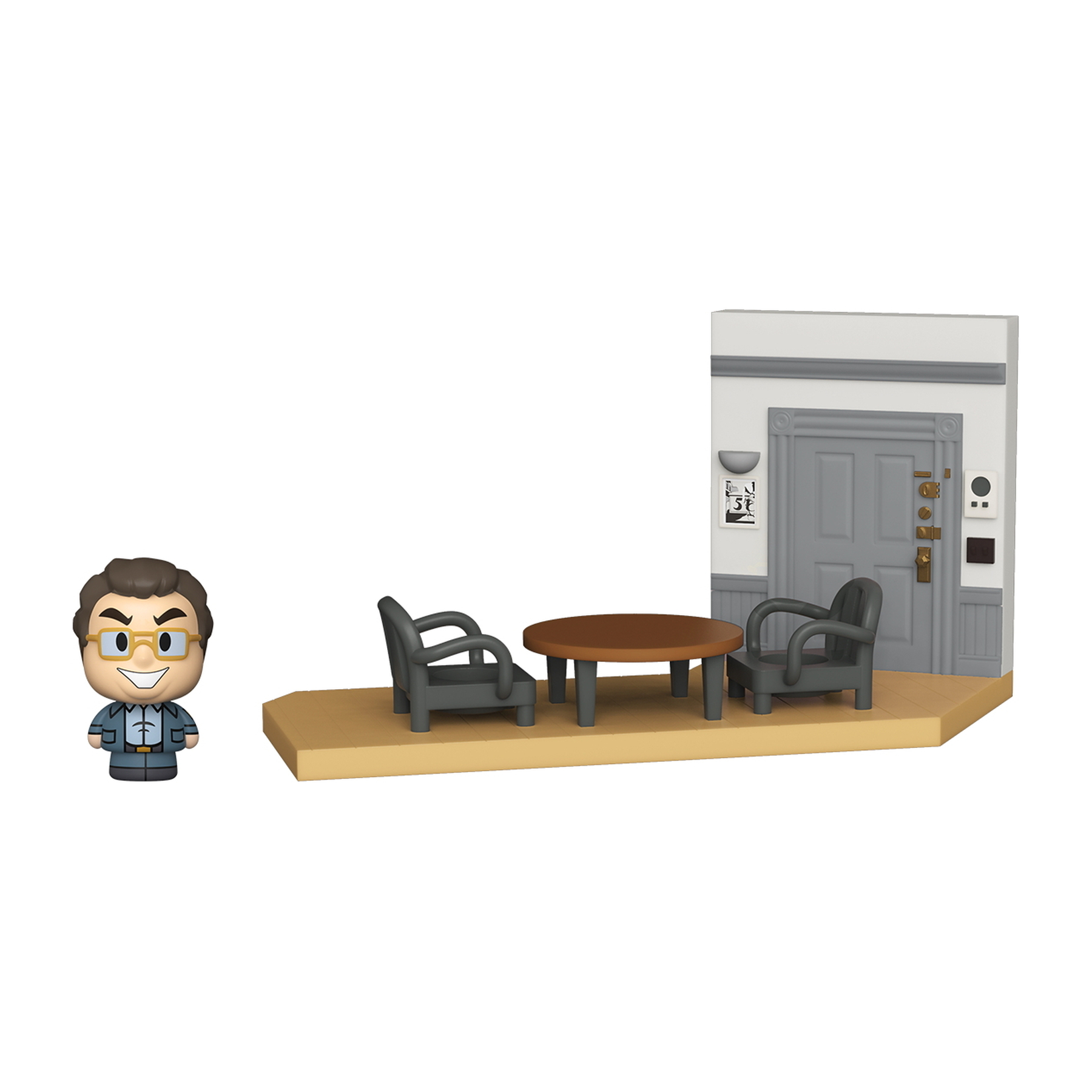 Ein Funko Pop einer Zeichentrickfigur, mit einem Tisch und Stühlen vor einer Tür.