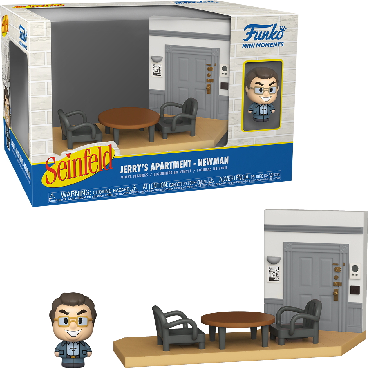 Seinfeld-Diorama mit Figuren. Apartment-Set mit Jerry und Newman. Weißer Hintergrund.