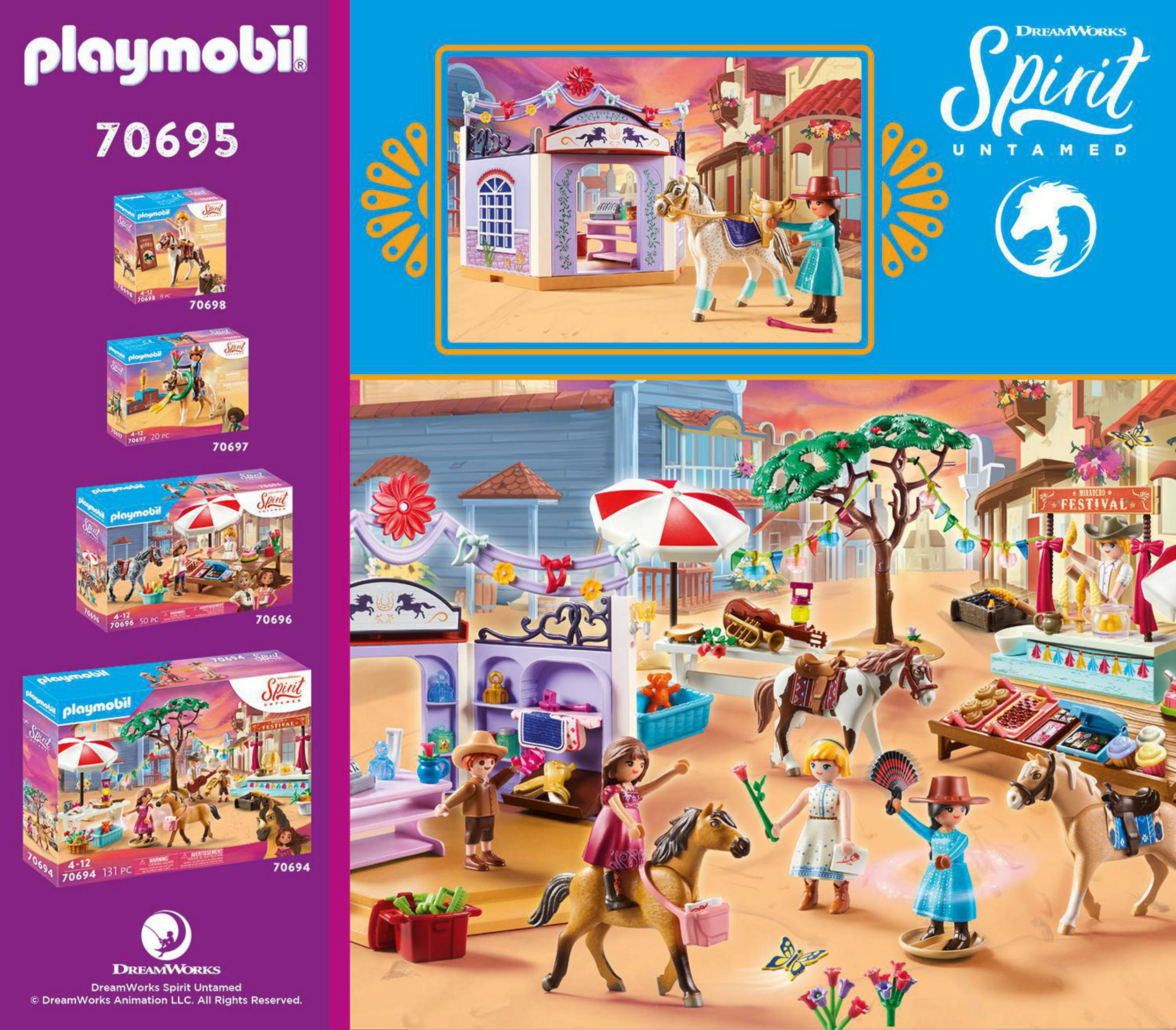 Un juego de Playmobil con figuras, caballos y una escena de festival, incluyendo cajas.