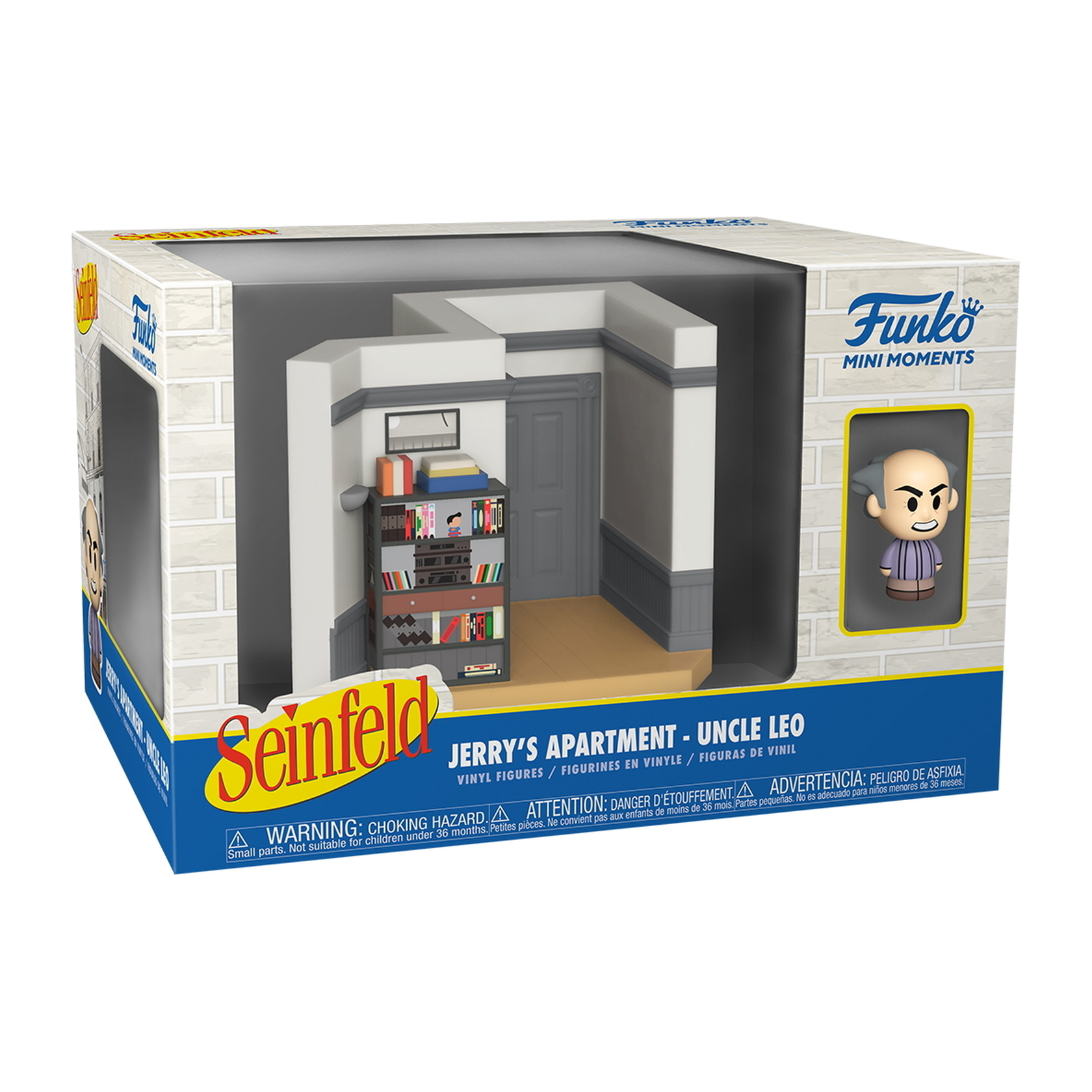 Seinfeld Jerry's Apartment Diorama mit Onkel Leo. Box und Figur. Weißer Hintergrund.