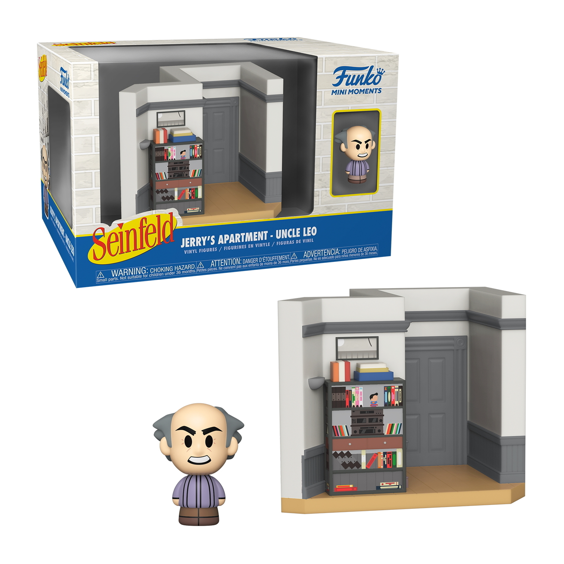 Miniatur-Set von Seinfelds Jerry's Apartment, mit Uncle Leo-Figur. Enthält Bücherregal, Tür und graue Wände.