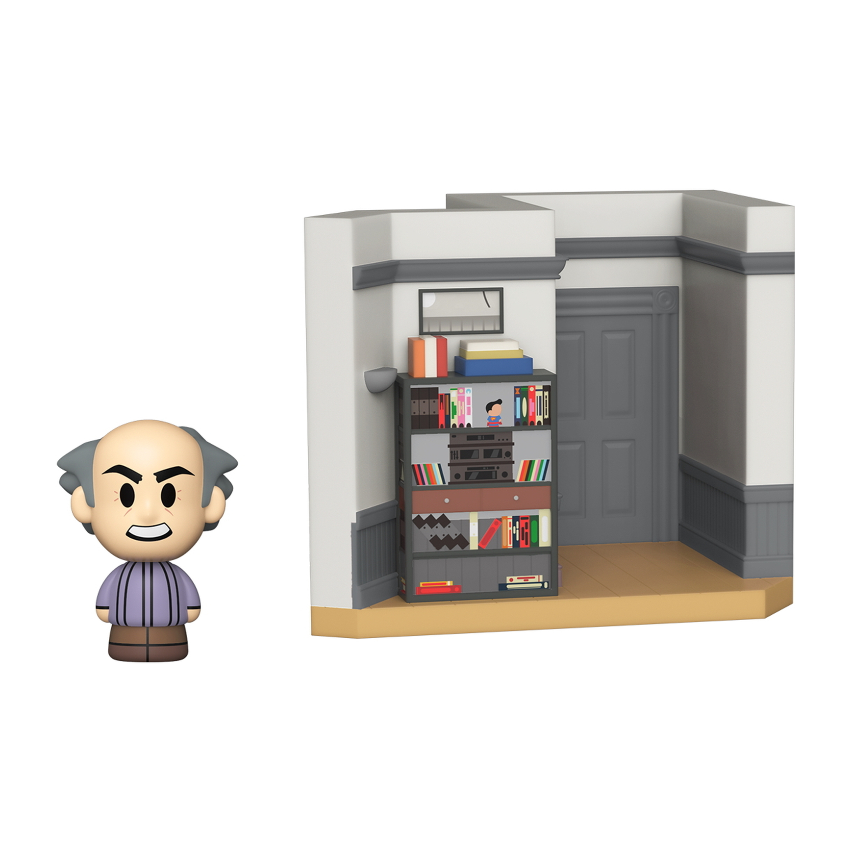 Cartoon-Charakter und Diorama eines Raumes mit Bücherregal und Tür.