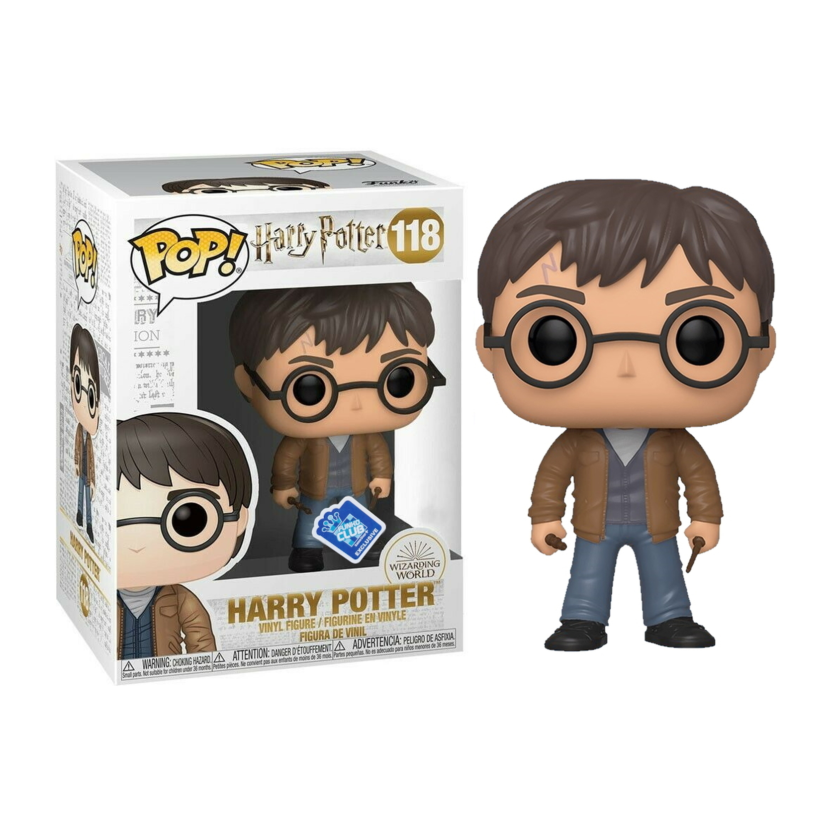 Harry Potter Pop! Vinylfigur in Box, Figur außerhalb der Box. Weißer Hintergrund. Wizarding World-Branding.