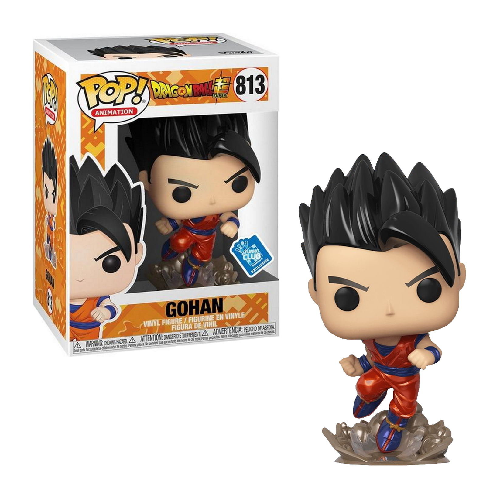 Gohan-Figur aus Dragon Ball Super, in einer Box und außerhalb, mit weißem Hintergrund.