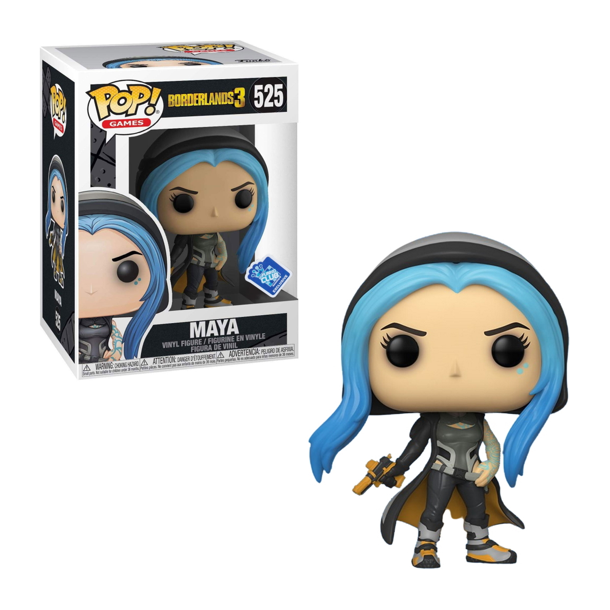 Maya-Figur aus Borderlands 3, mit blauen Haaren, in Schachtel und freistehend. Sie trägt schwarze und gelbe Kleidung.