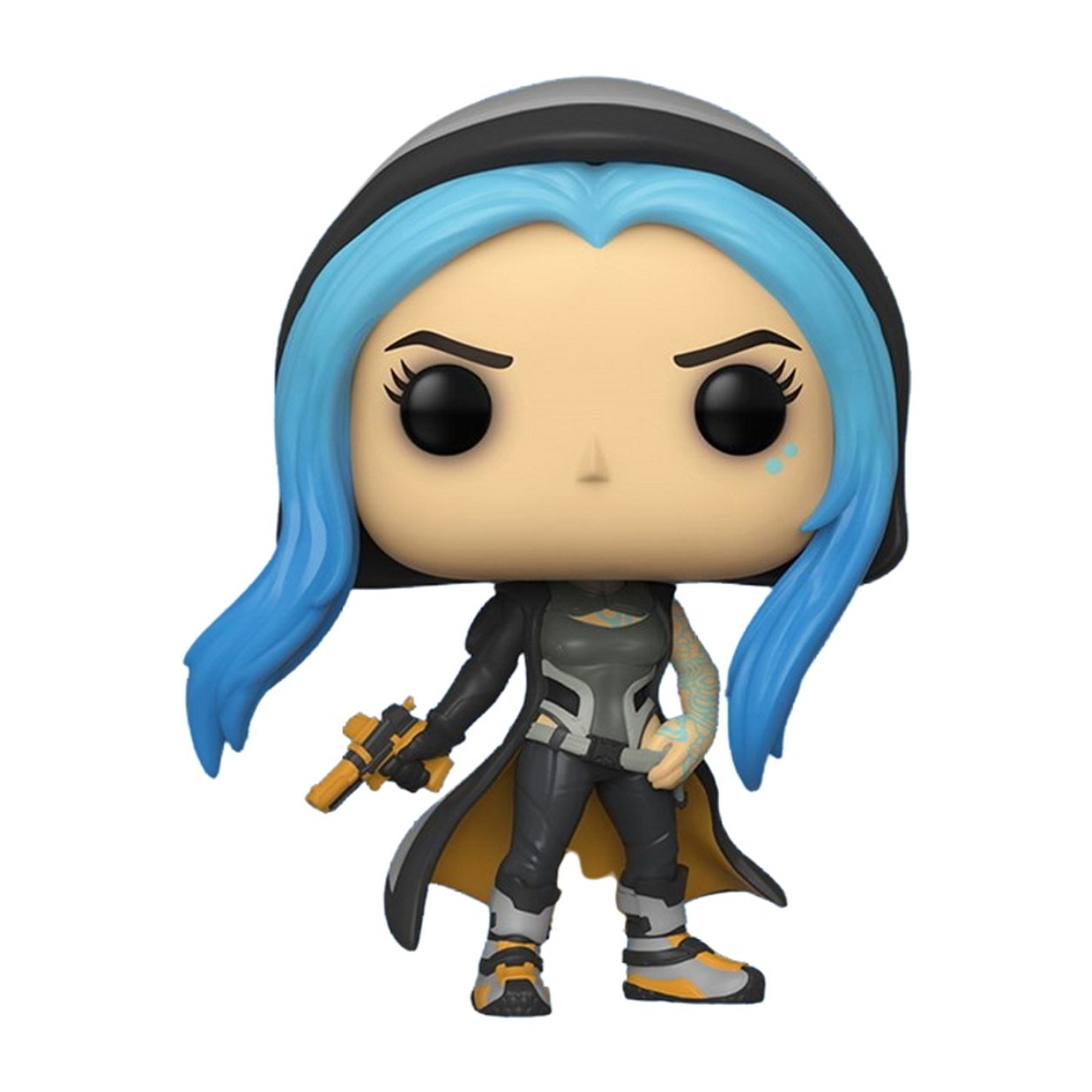 Funko Pop Figur. Eine Frau mit blauen Haaren und einer Pistole. Schwarze und gelbe Kleidung.