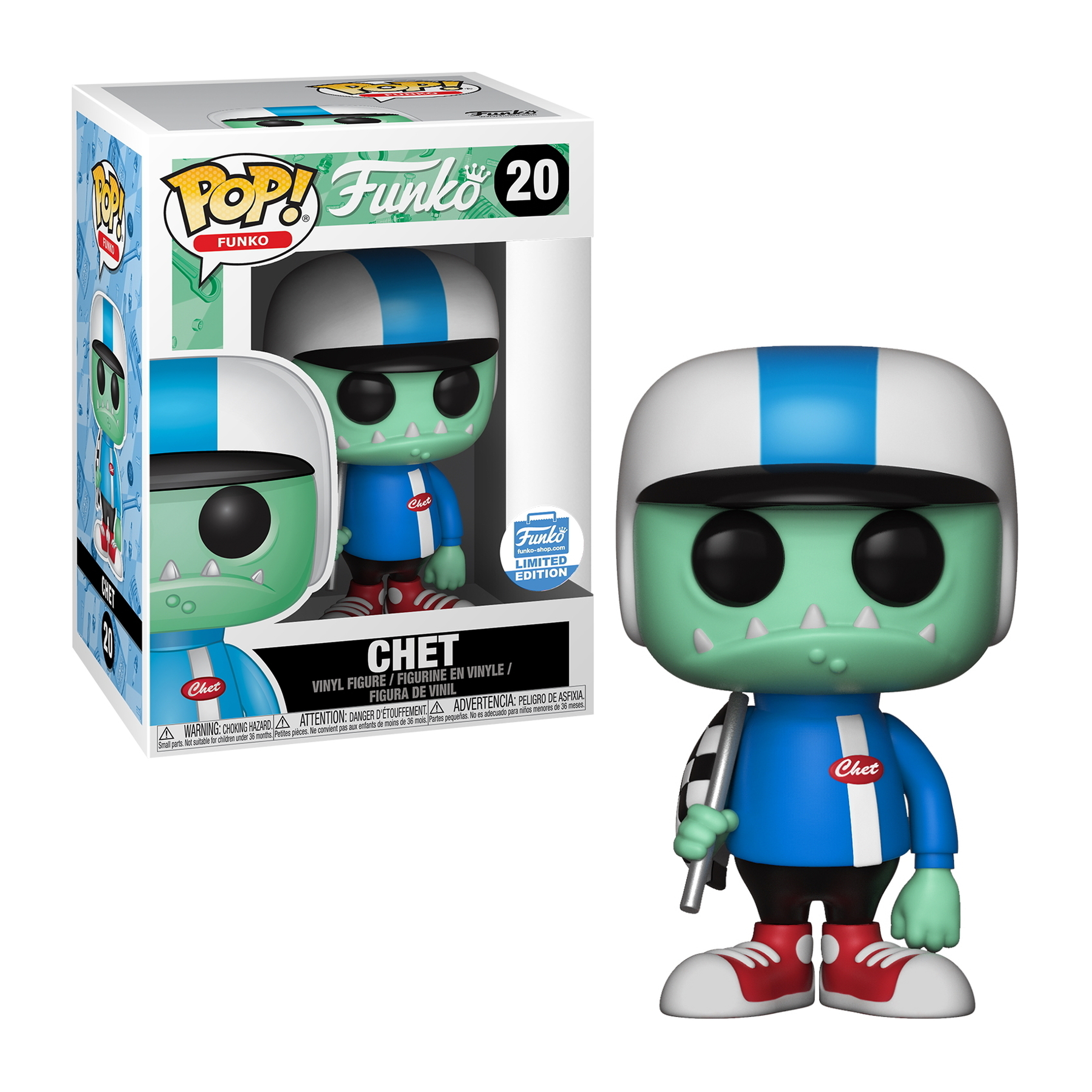 Funko Pop Figur von Chet dem Rennfahrer, in einer Box und Chet mit einer Zielflagge.