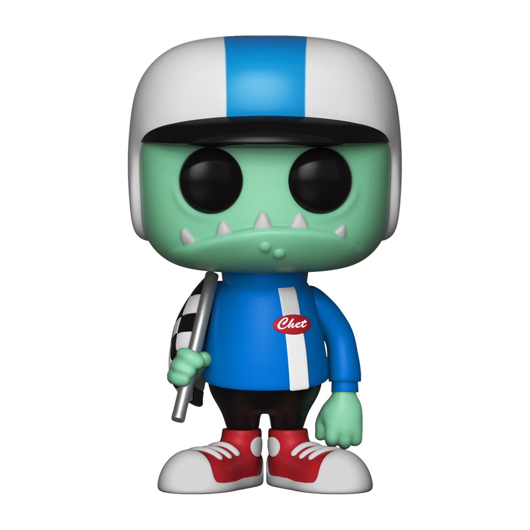 Eine Funko Pop Figur eines grünen Zombie-Rennfahrers in einem Helm, der eine karierte Flagge hält. Chet steht auf dem Hemd.