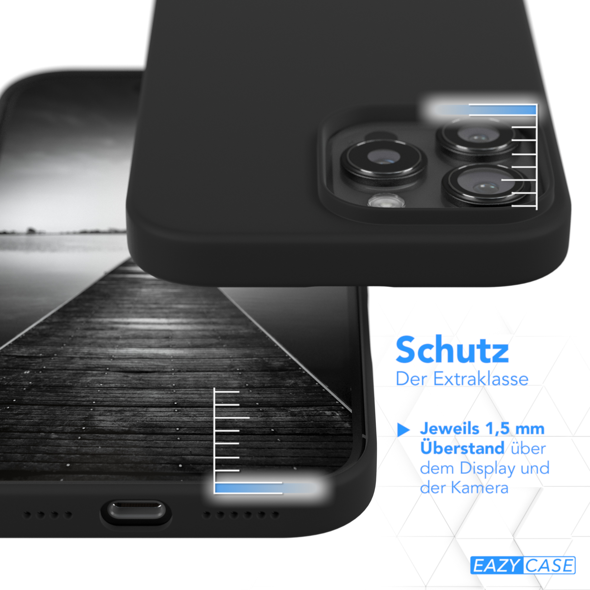 Schwarzes Telefon mit schwarzer Hülle. Text über Displayschutz. Hintergrund ist ein Holzsteg.