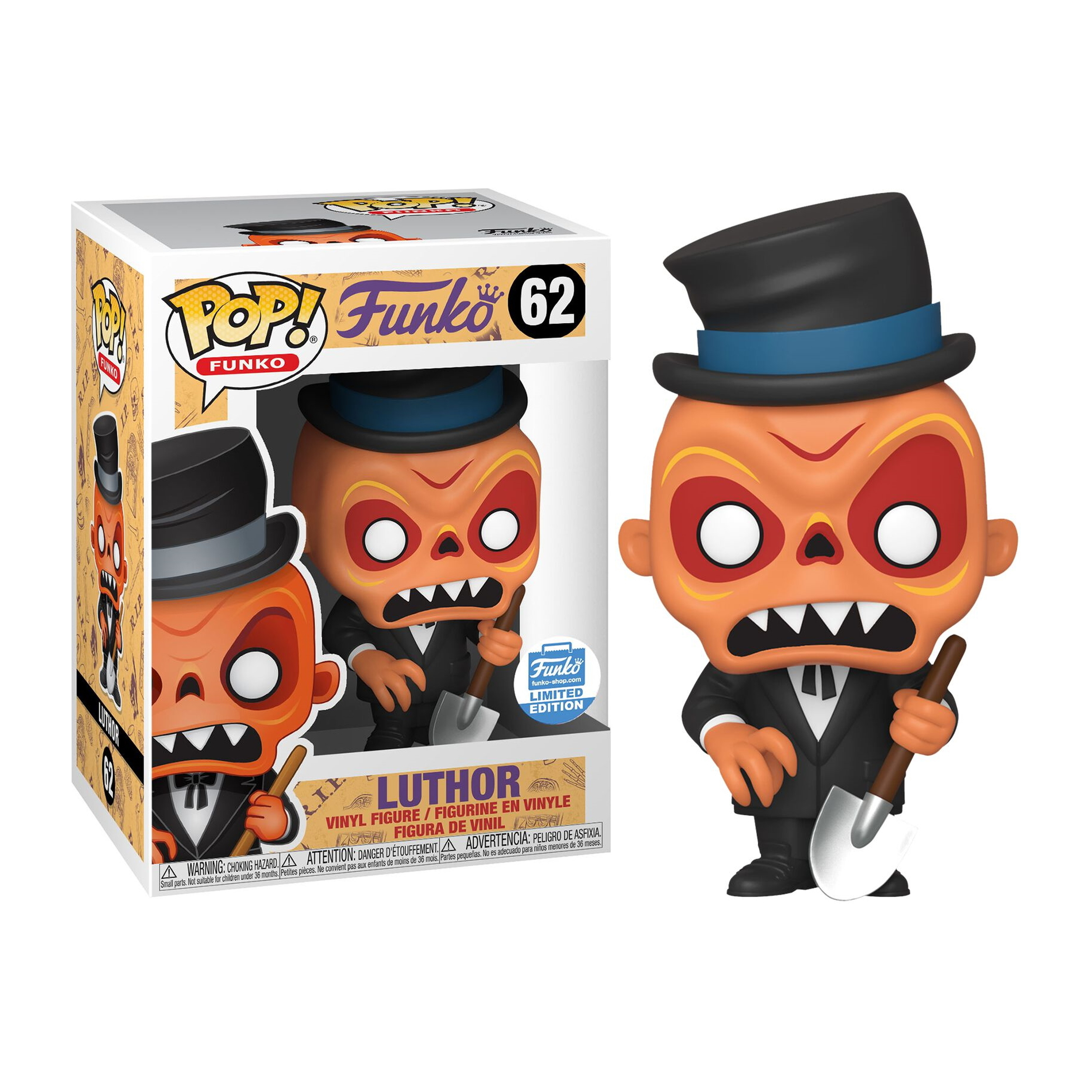 Funko Pop Figur von Luthar, einem Zombie mit Zylinder und Anzug, der eine Schaufel hält.