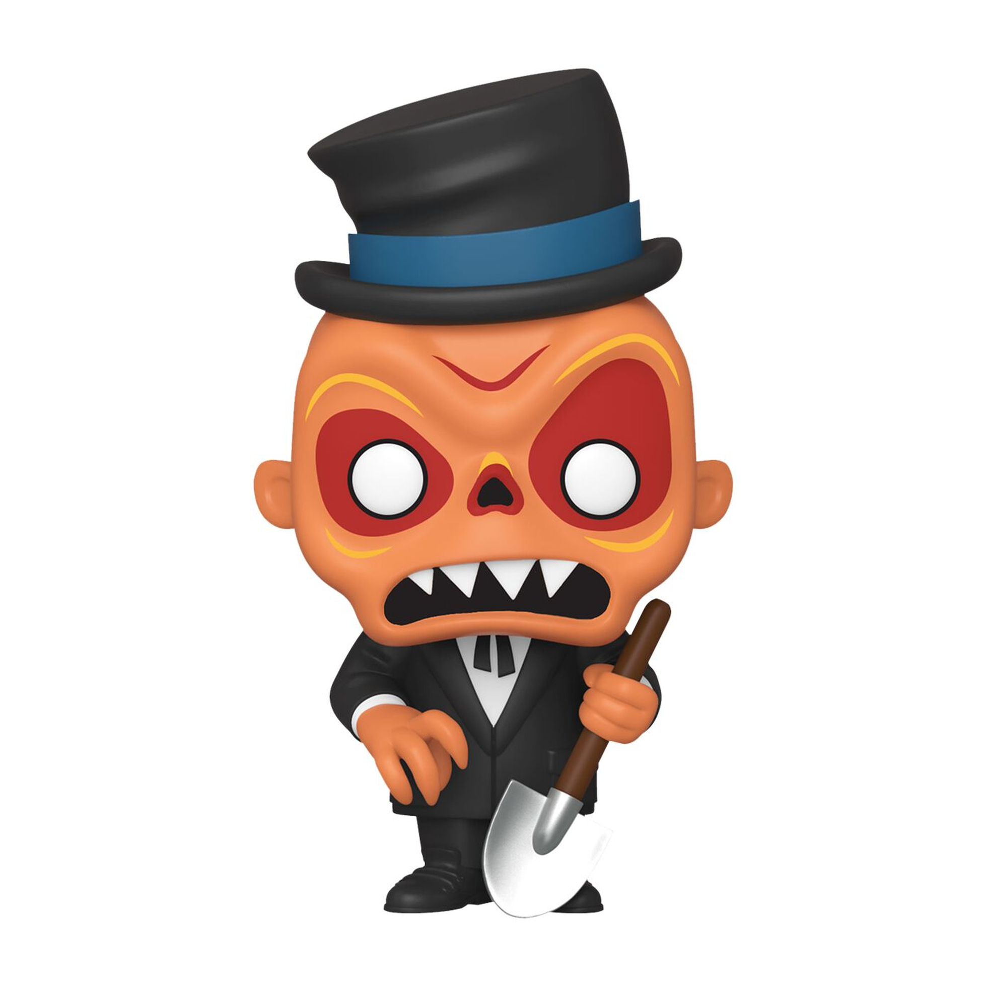 Funko Pop einer zombieartigen Figur in Anzug und Zylinder, die eine Schaufel hält.