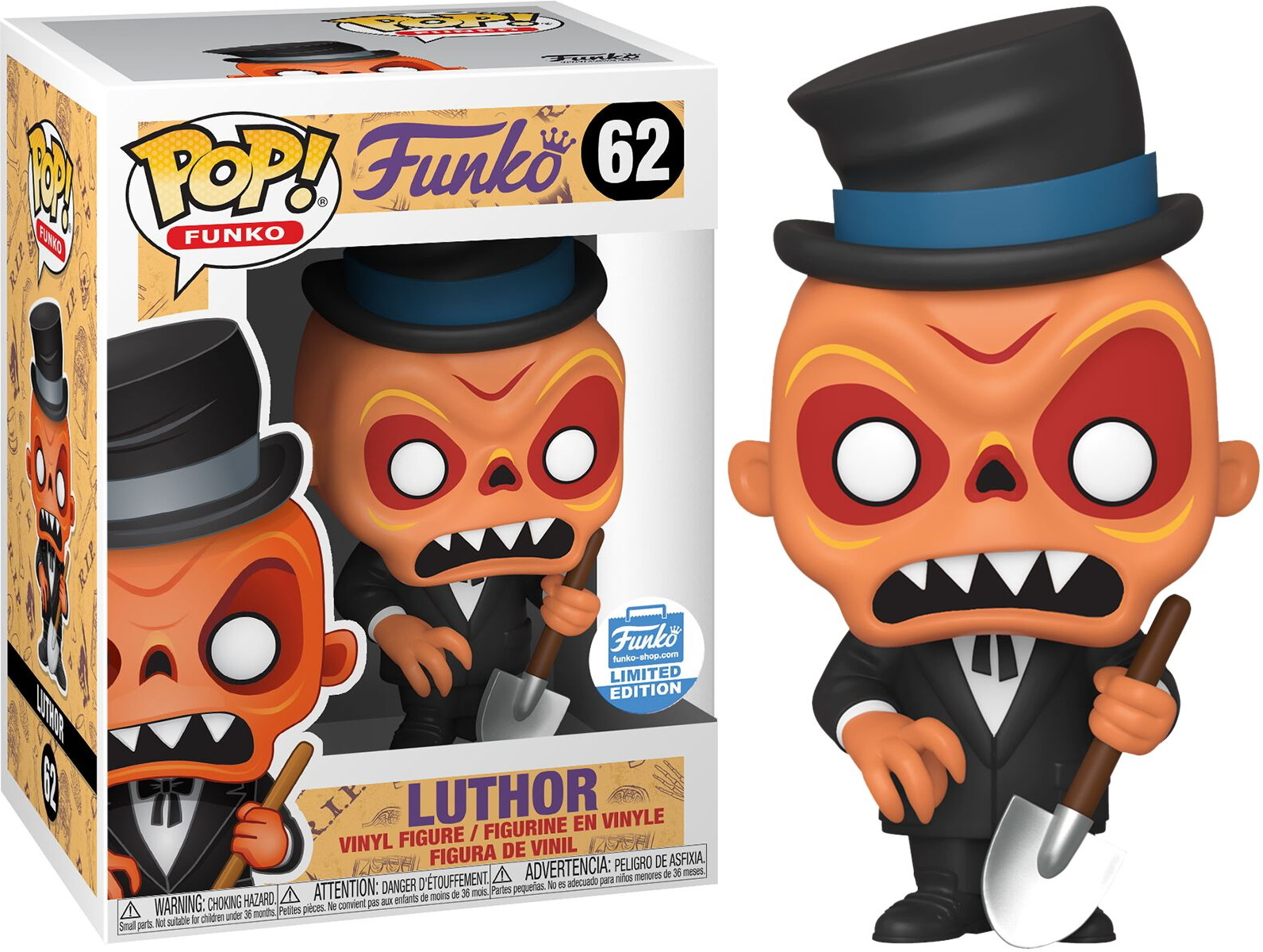 Funko Pop! Figur einer Figur in schwarzem Anzug und Zylinder mit Schaufel, mit Box.