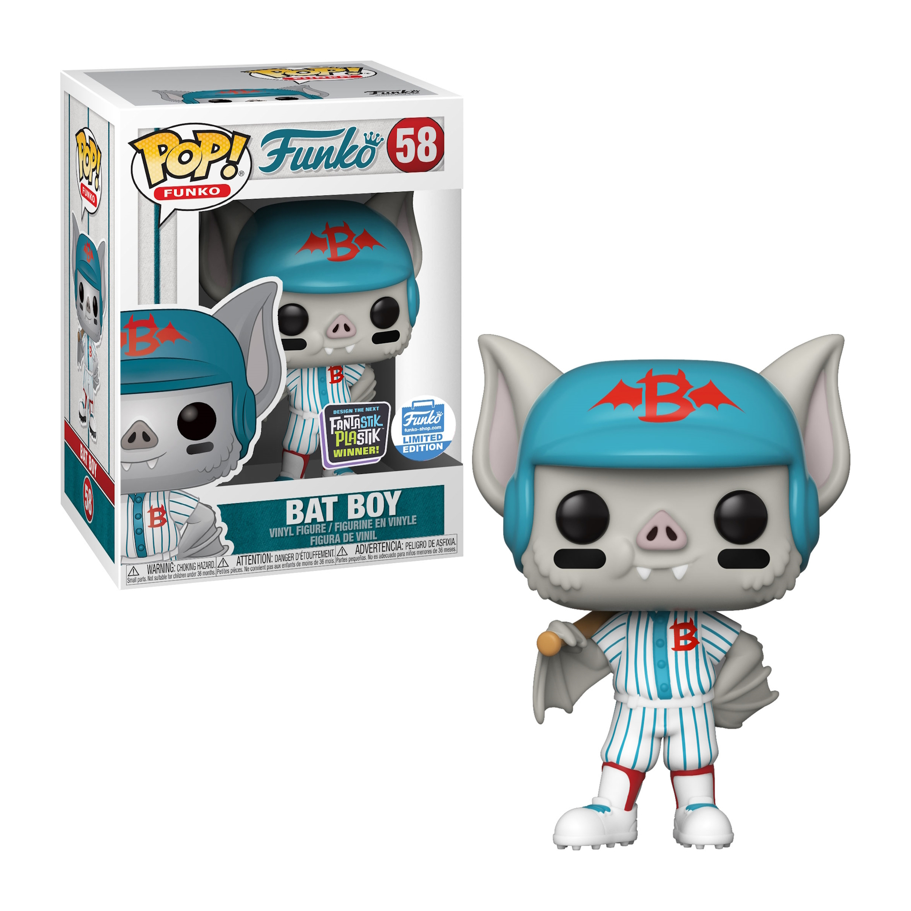 Bat Boy-Figur in Verpackung. Zeigt Baseballspieler mit blauem Helm.