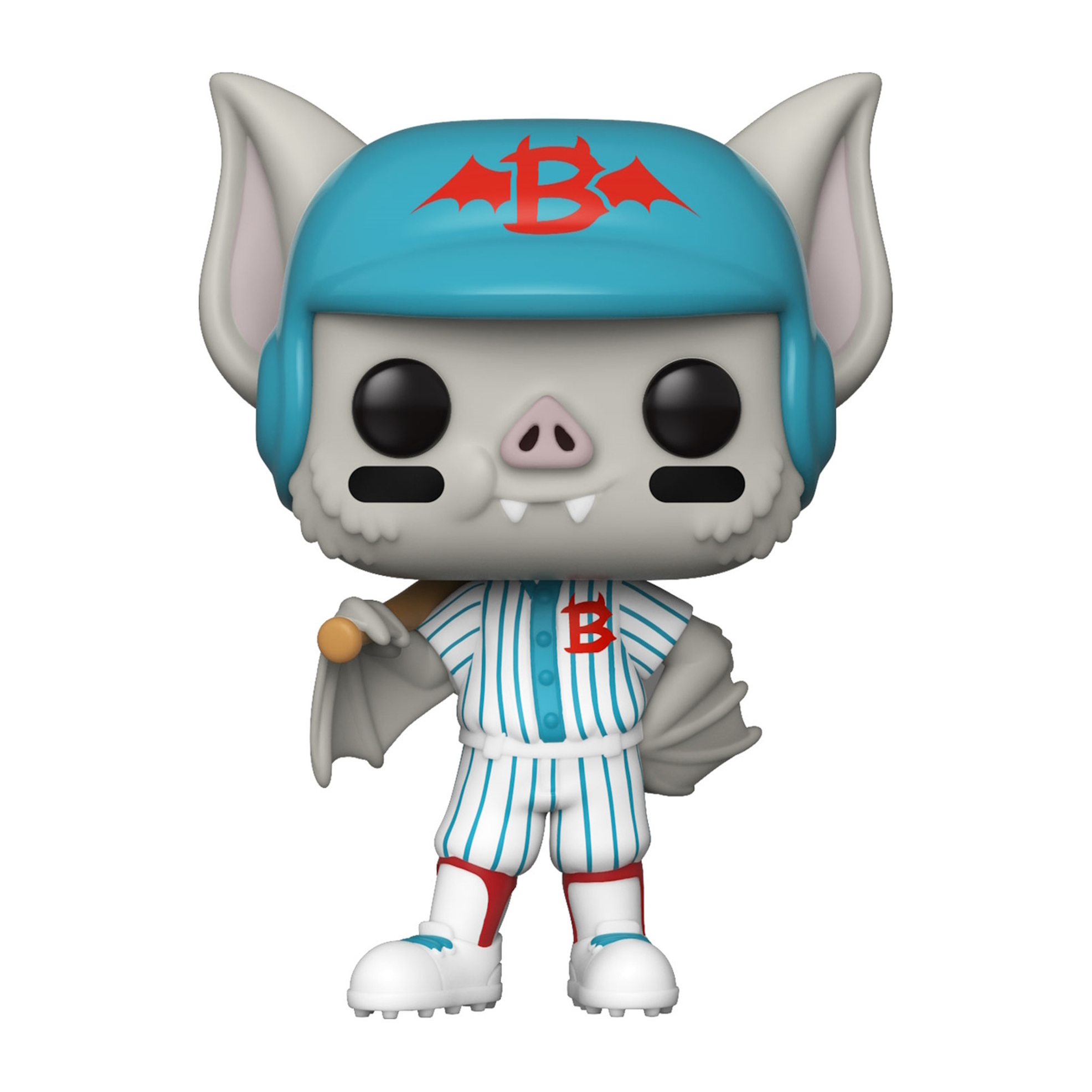 Eine Funko Pop Figur einer Fledermaus mit Baseball-Uniform und blauem Helm mit B-Logo.
