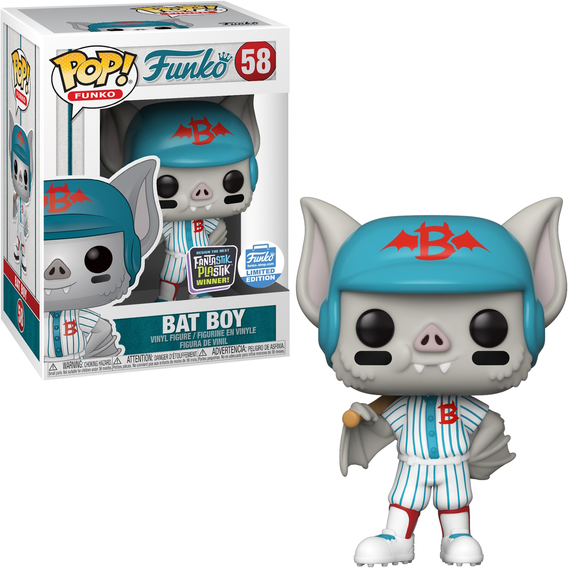 Bat Boy Funko Pop-Figur mit Box. Fledermaus mit Baseball-Uniform. Weißer Hintergrund.
