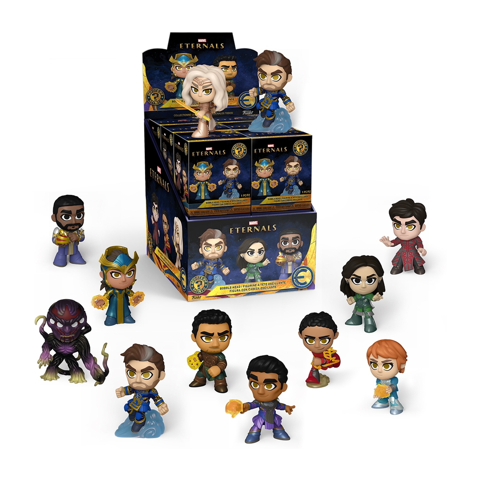 Funko Pop Figuren von Eternals-Charakteren in und aus Boxen. Verschiedene Figuren werden auf einer weißen Oberfläche gezeigt.