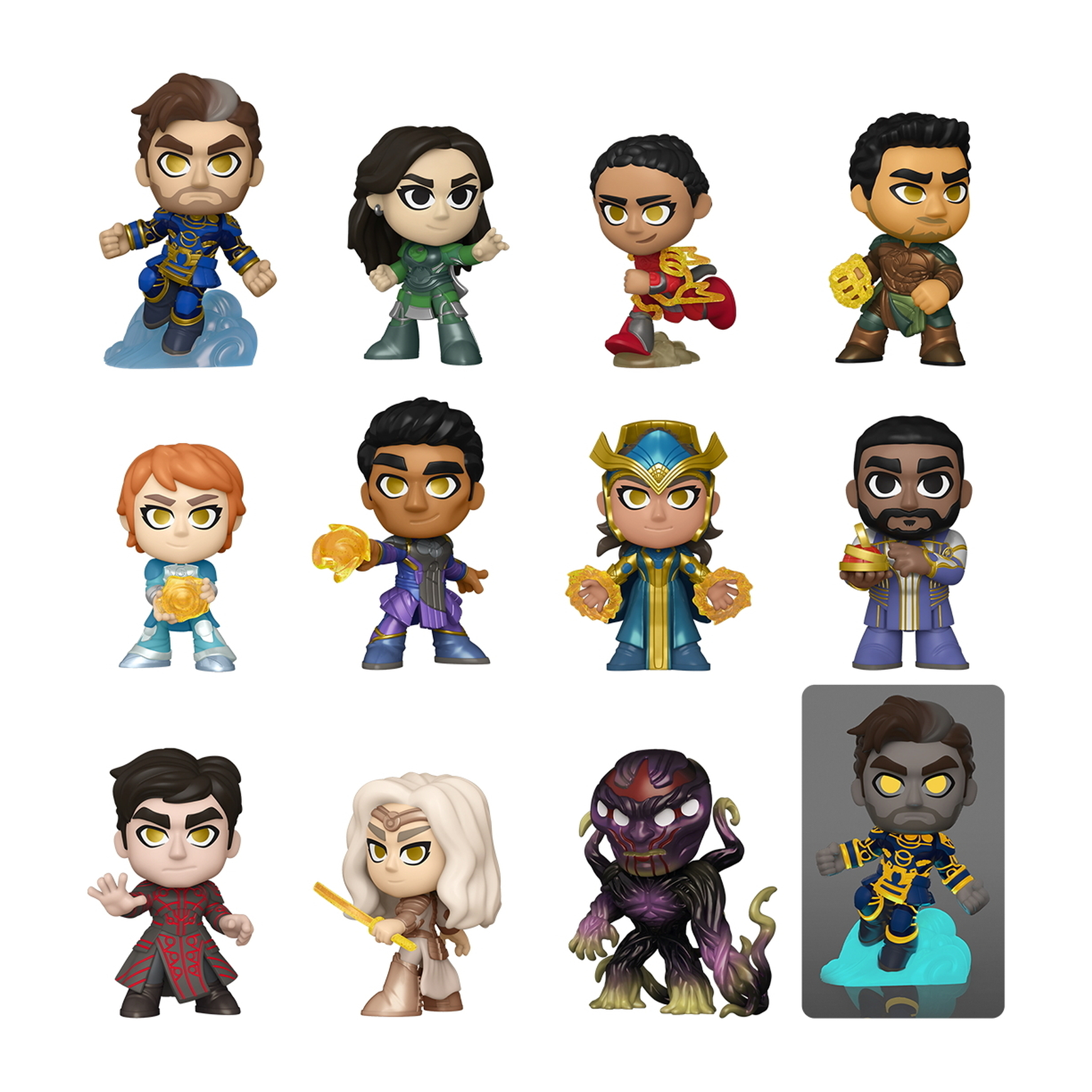 12 Funko Pop Figuren. Jede Figur stellt einen Charakter aus einem Film dar. Buntes und detailliertes Design.