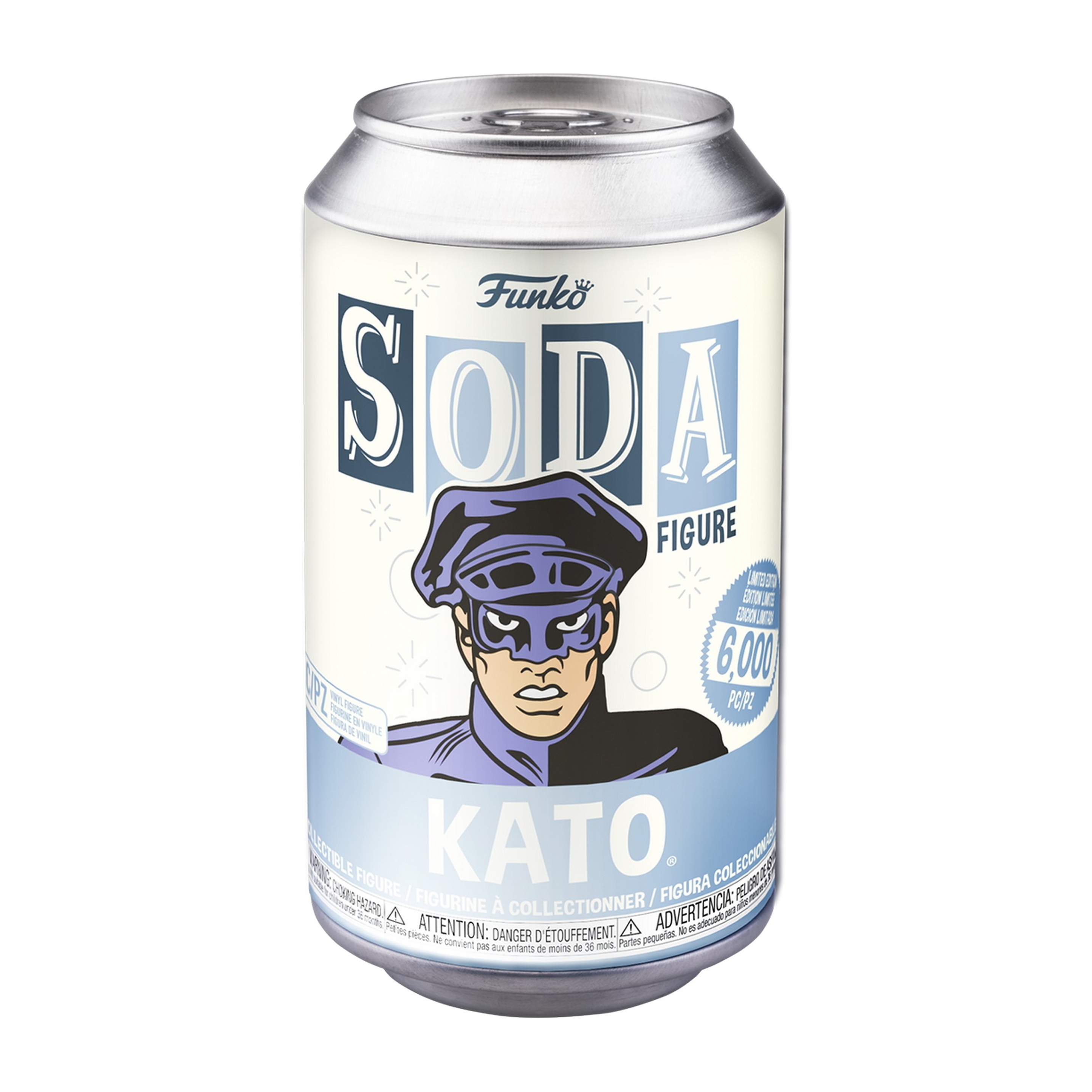 Soda-Dosenfigur einer Figur. Die Figur trägt eine Maske und eine lila Mütze.