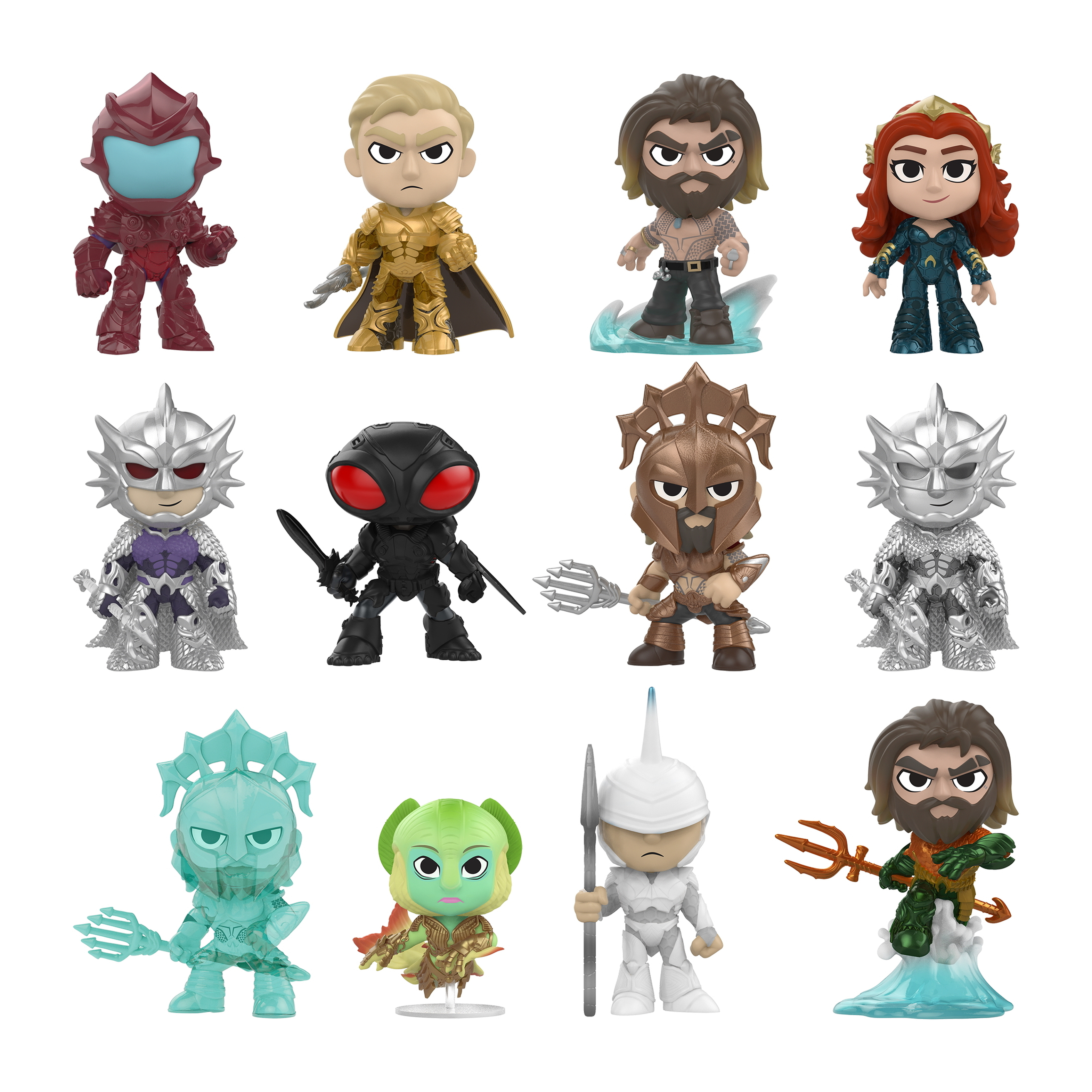 Zwölf kleine, stilisierte Figuren von Superhelden, darunter Aquaman und andere.