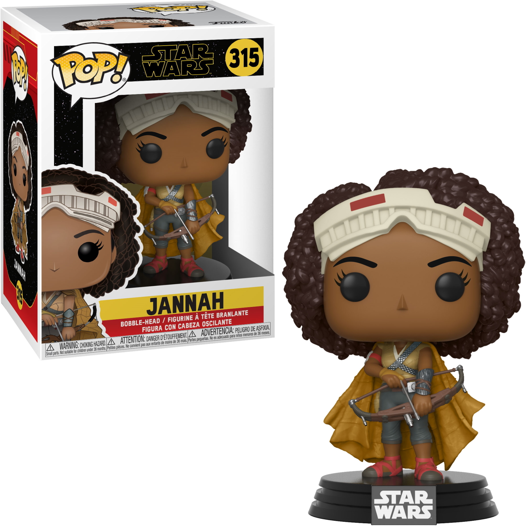 Funko Pop Jannah, postać z Gwiezdnych Wojen, trzymająca kuszę, na podstawie.