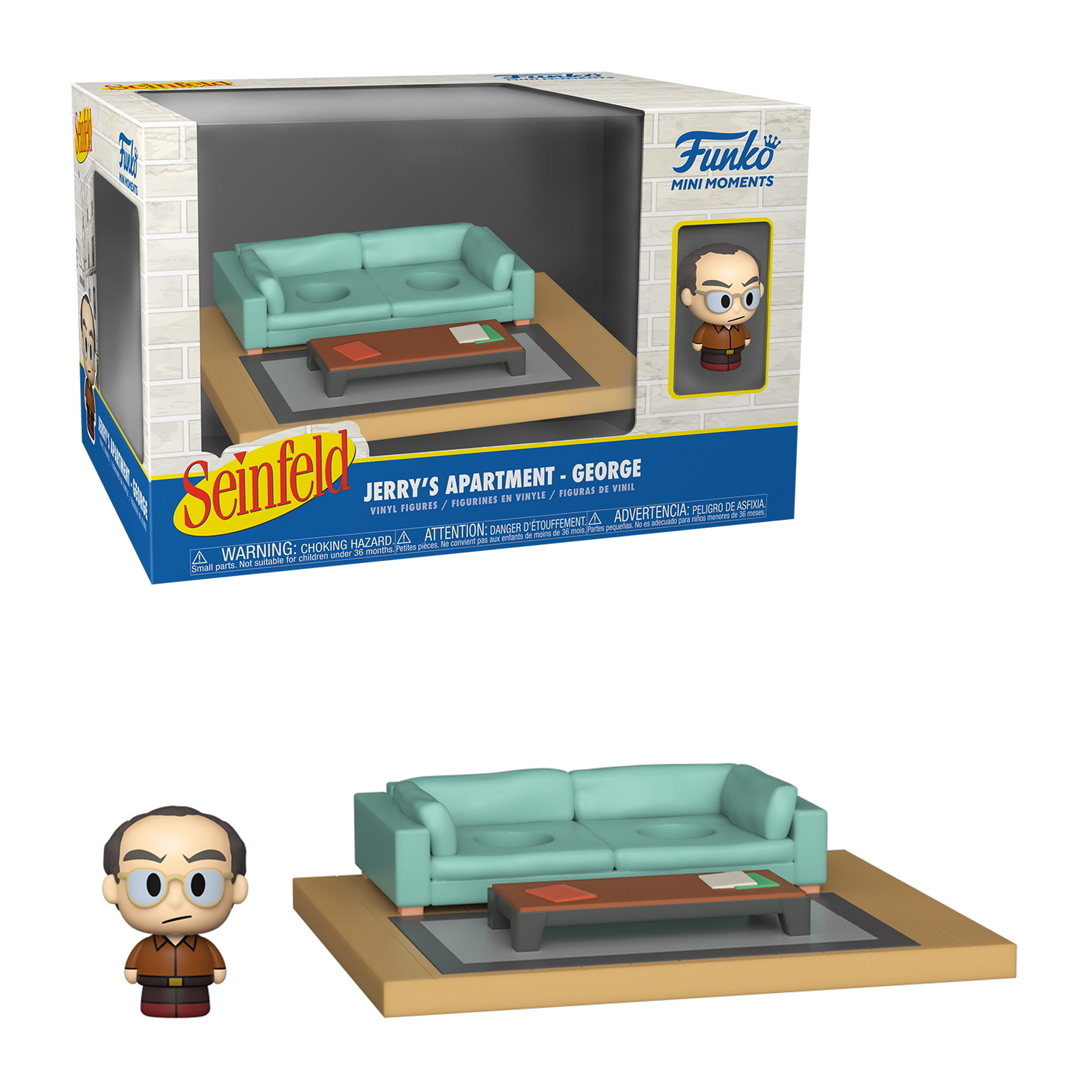 Ein Seinfeld-Diorama mit Jerrys Wohnung, einer Couch, einem Tisch und der Jerry-Figur.