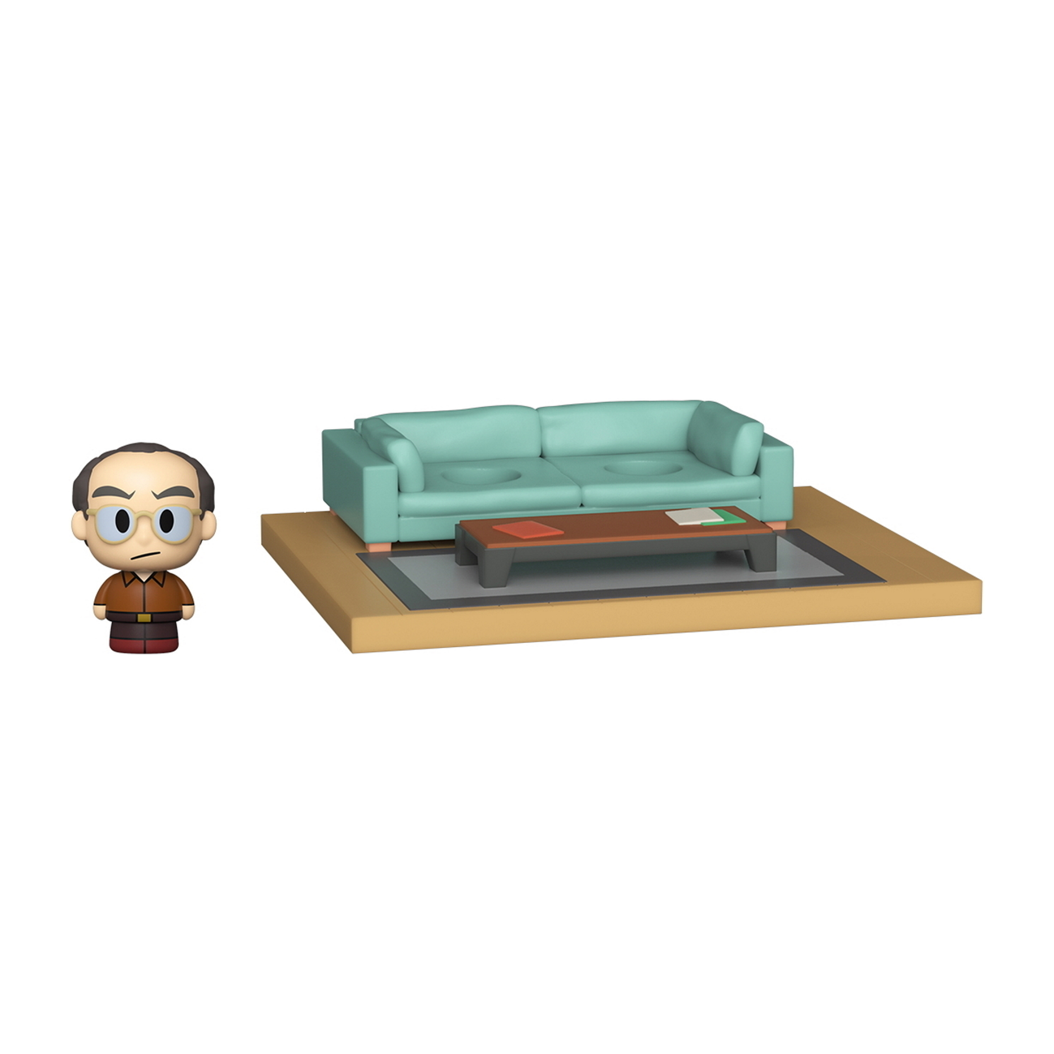 Eine Cartoonfigur eines älteren Mannes steht neben einem Sofa und einem Couchtisch.