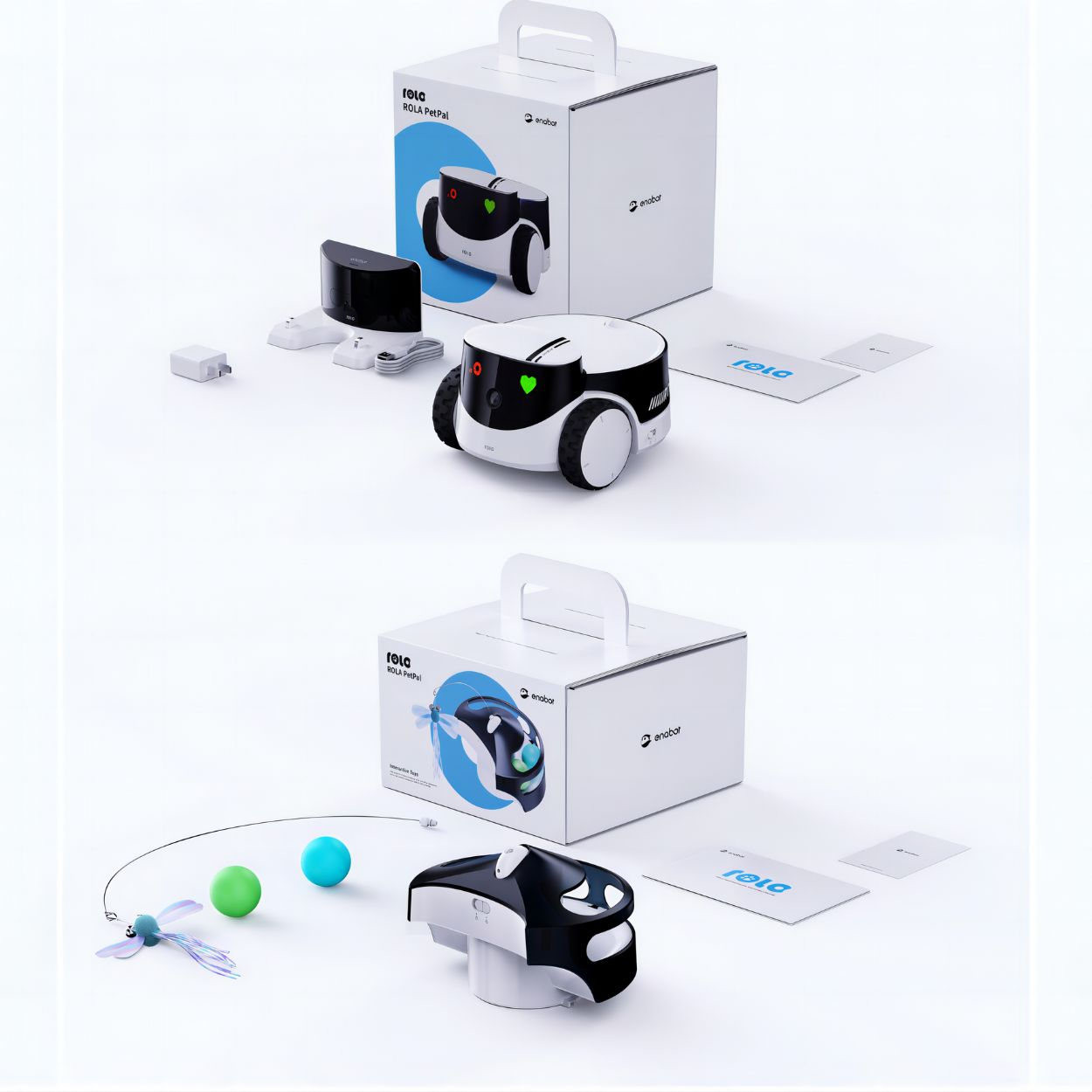 Ein weißes und schwarzes Roboterspielzeug mit Zubehör und Box. Zwei Roboter werden gezeigt.