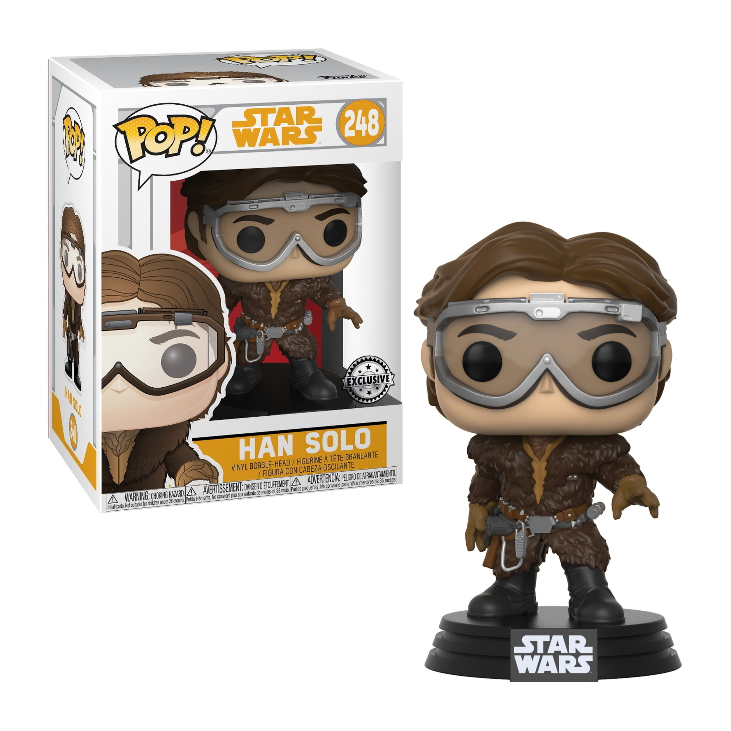 Eine Funko Pop Figur von Han Solo, in einer Box und daneben stehend, mit Schutzbrille und Blaster.