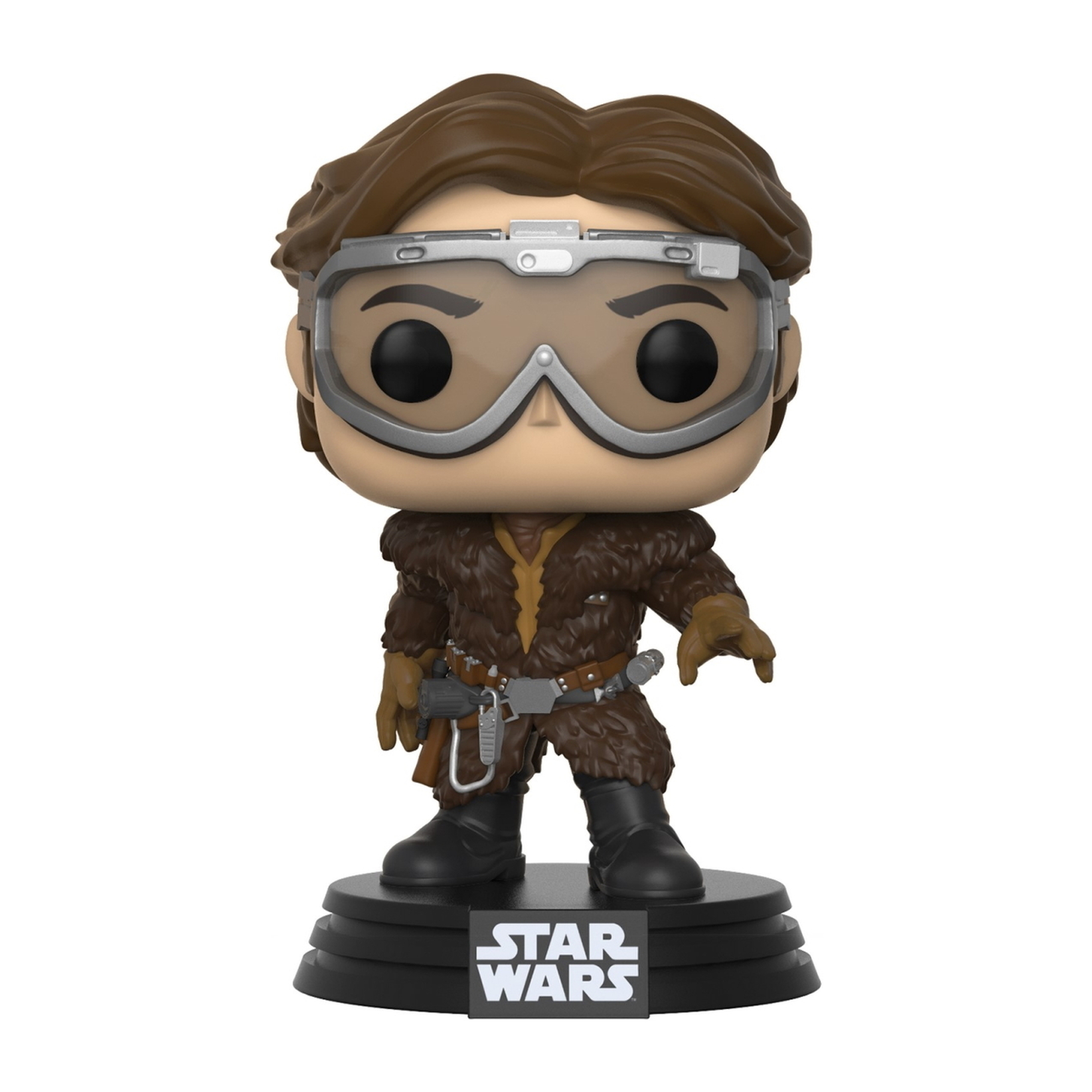 Han Solo Funko Pop Figur mit Brille und Blaster, auf einem Ständer, weißer Hintergrund.