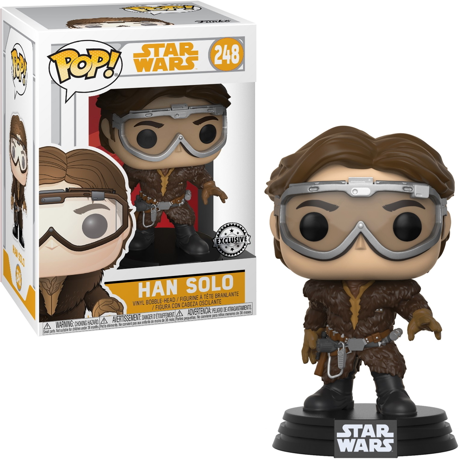 Han Solo Funko Pop-Figur in einer Displaybox. Die Figur trägt ein braunes Outfit mit einer Brille.