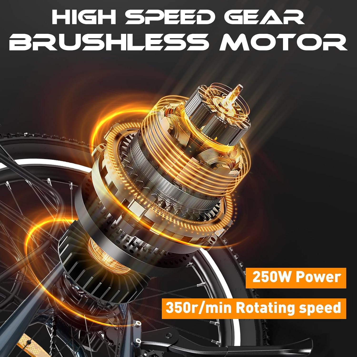 Zbliżenie silnika roweru pokazuje koła zębate i okablowanie. Tekst wskazuje moc 250W i prędkość 350 obr./min.