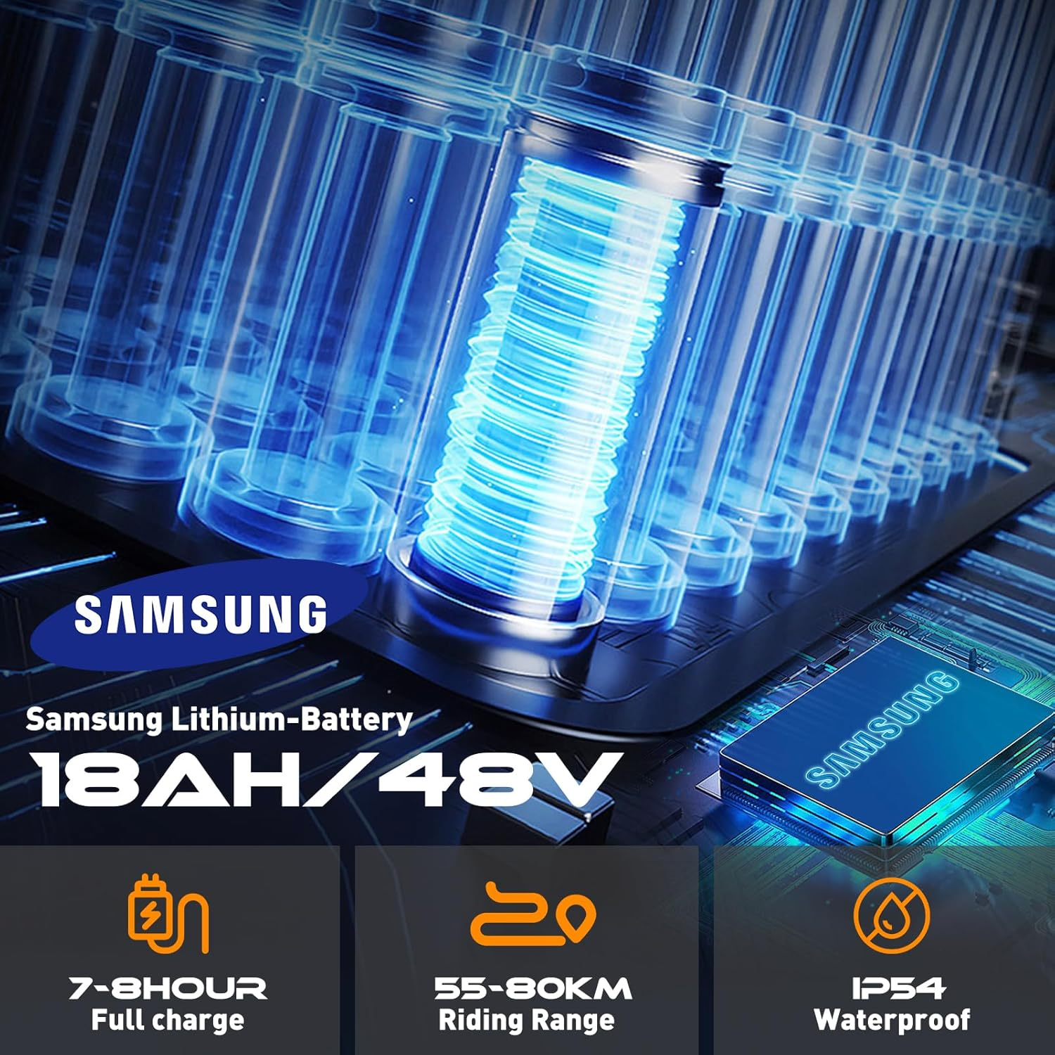 Bateria litowa Samsung, 18AH/48V, ze szczegółami na temat czasu ładowania, zasięgu jazdy i wodoodporności.