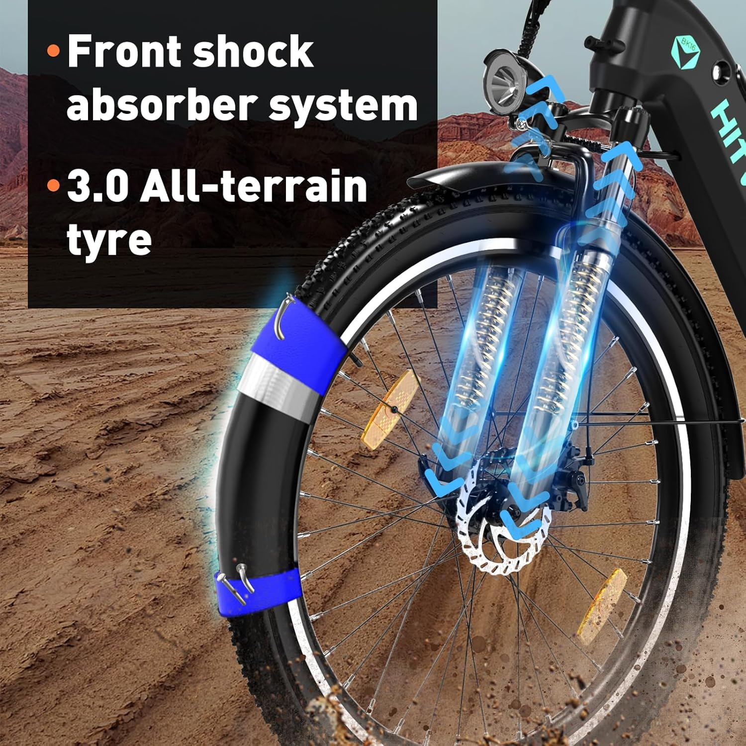 Koło rowerowe z zawieszeniem i szczegółami opon. Tekst podkreśla cechy.