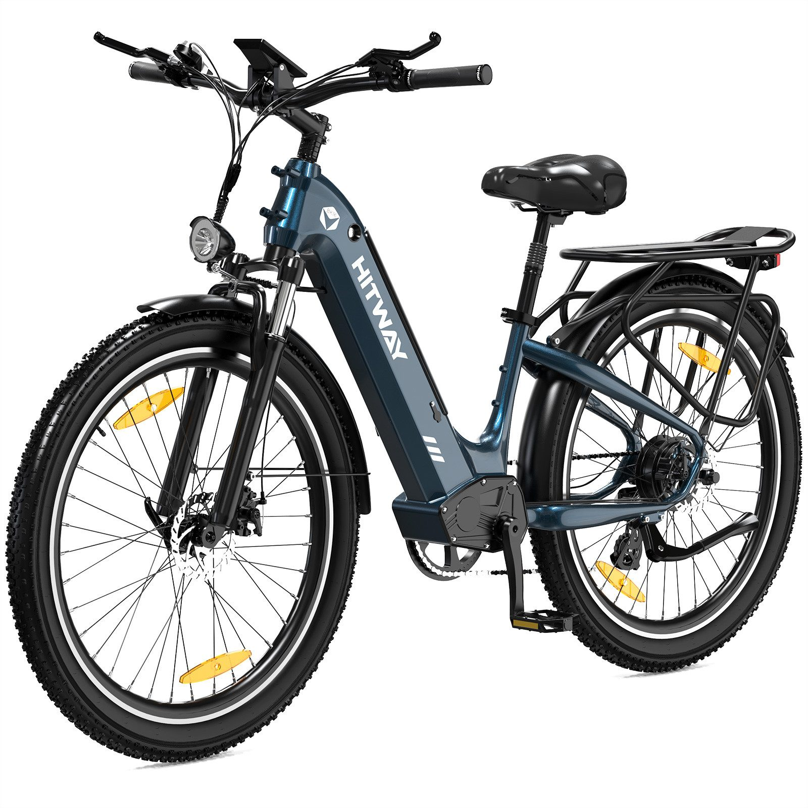 Una bicicletta elettrica con telaio blu, pneumatici neri e un logo HITWAY sul telaio.