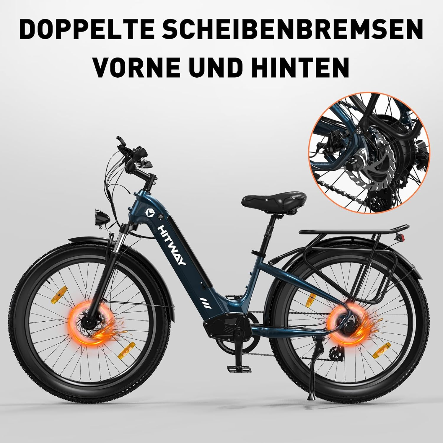 Niebieski rower elektryczny z pomarańczowymi świecącymi hamulcami. Tekst: 'Podwójne hamulce tarczowe, przód i tył'.