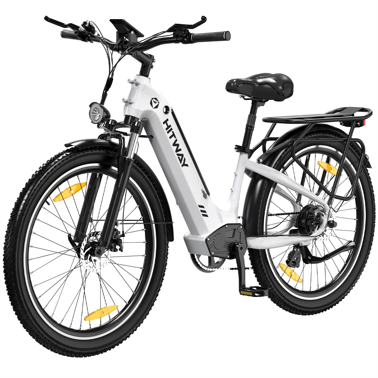 Viene mostrata una bicicletta elettrica bianca e nera, con sella e pneumatici neri. Lo sfondo è bianco.