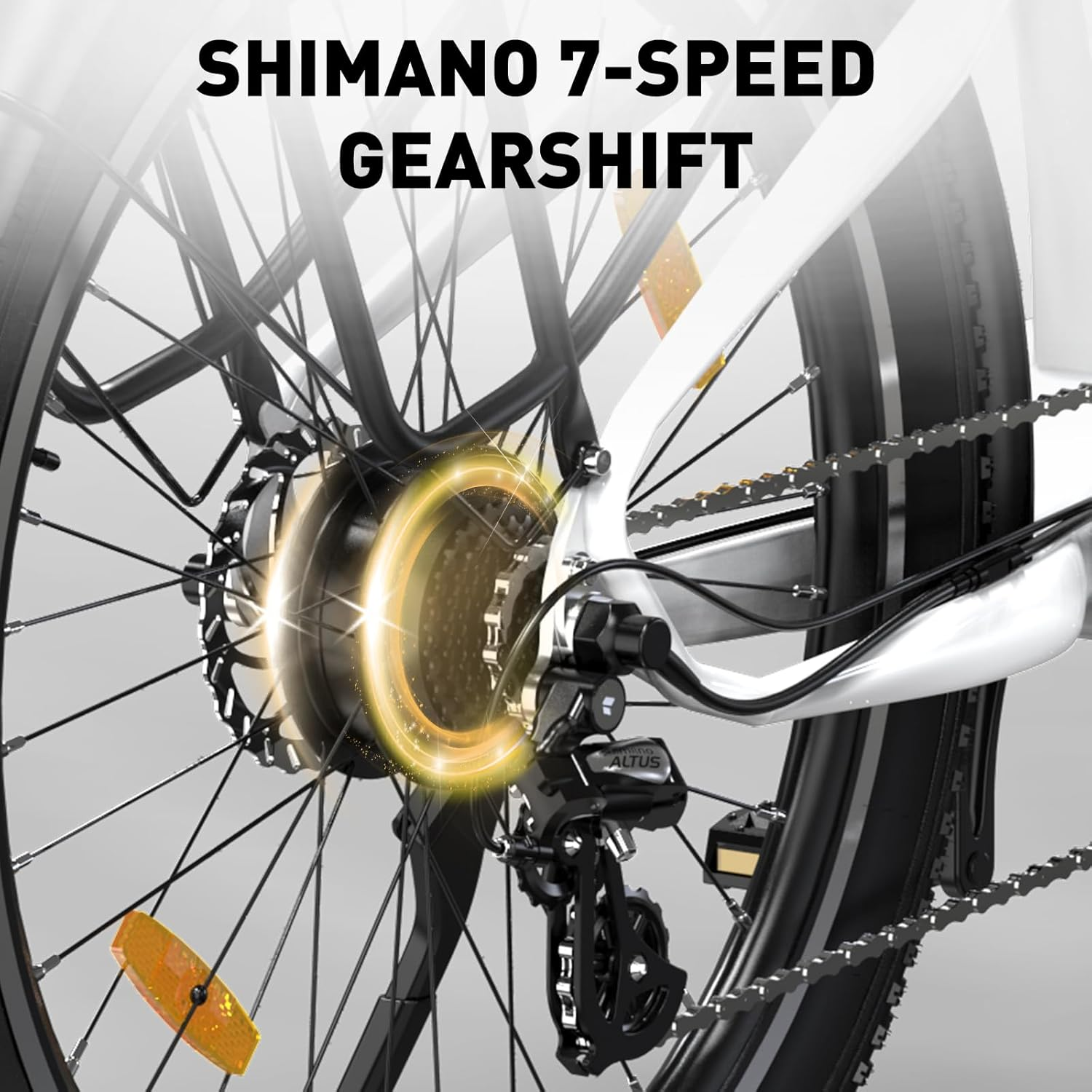 Primo piano di una ruota di bicicletta con cambio Shimano, catena e catarifrangenti.