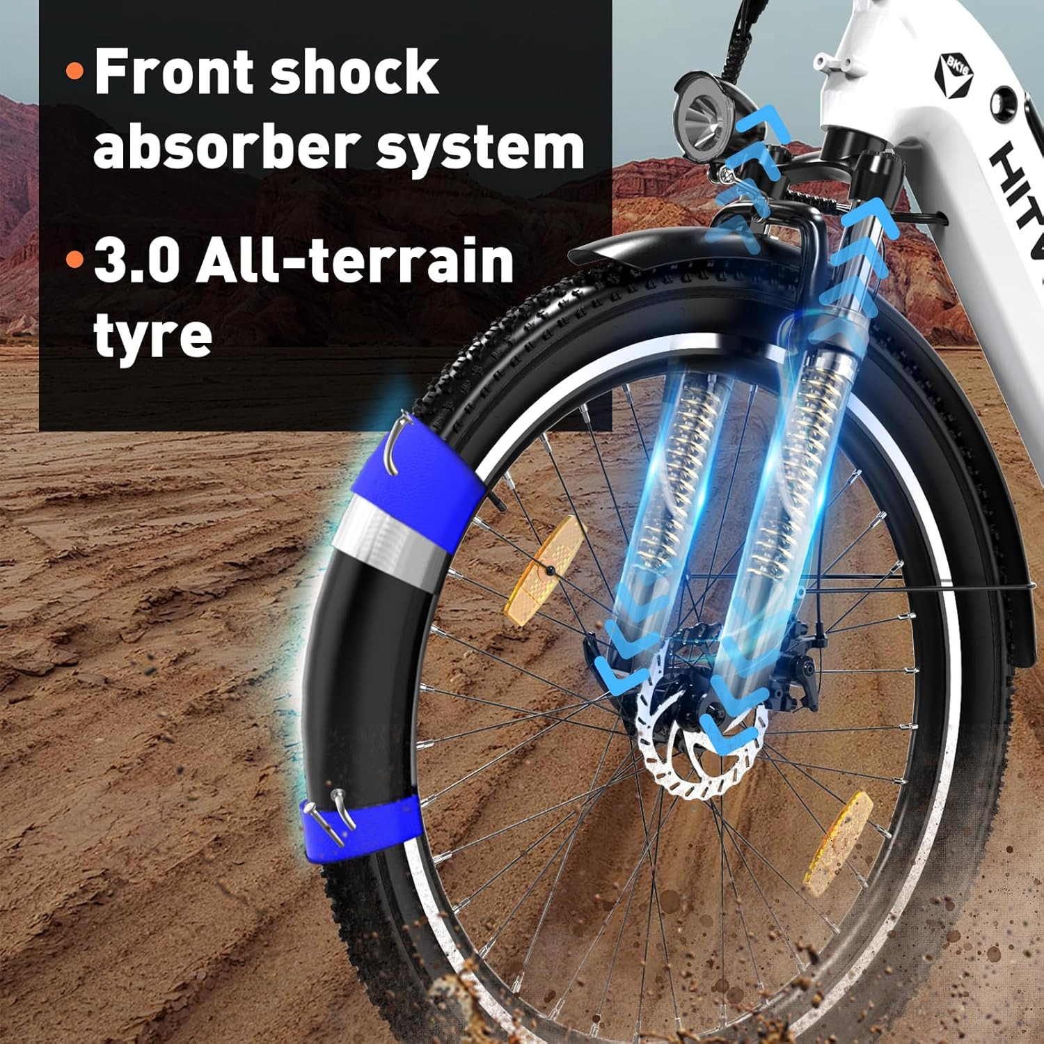 Ammortizzatore anteriore e pneumatico 3.0 all-terrain su una ruota.