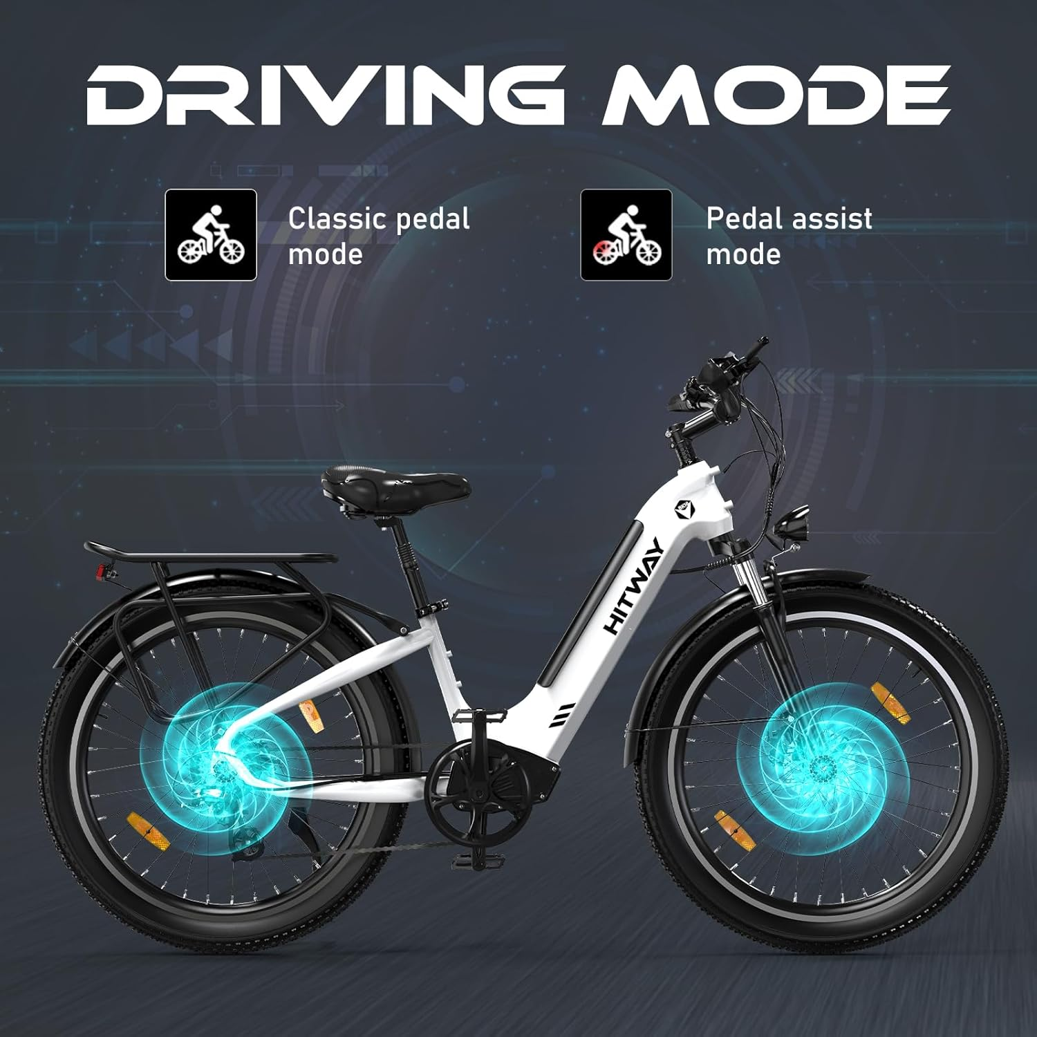 Una bici elettrica con due modalità: pedale classico e pedalata assistita. La bici è bianca.