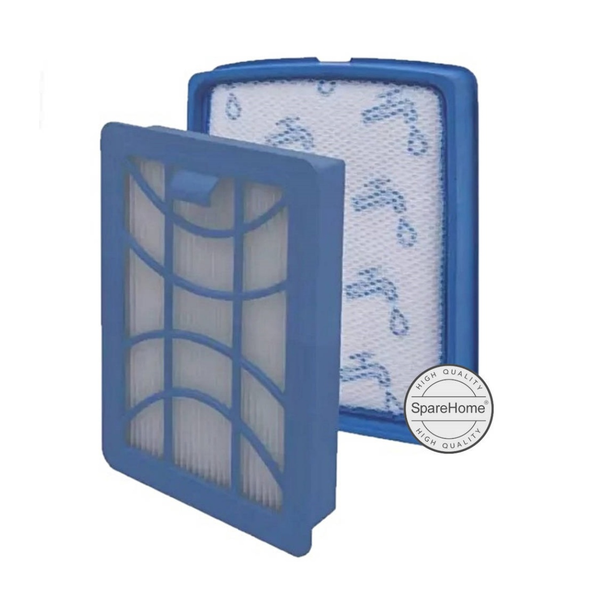 Se muestra un filtro para una aspiradora. El filtro tiene un marco de plástico azul y papel de filtro blanco.