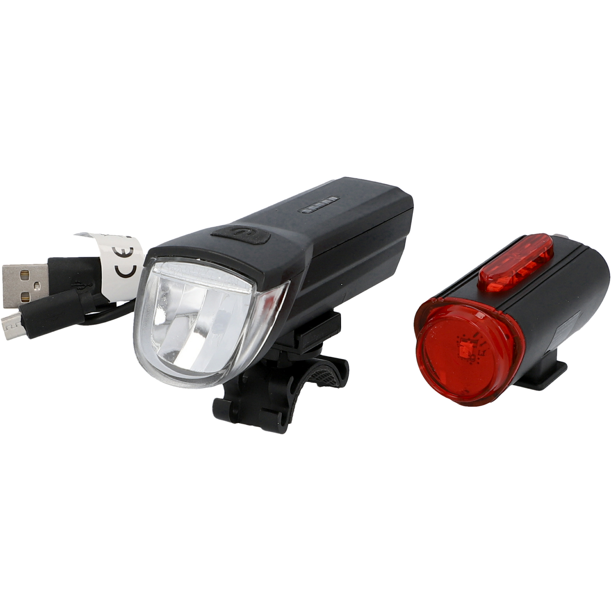 Schwarze Fahrradlichter, vorne und hinten, mit USB-Kabel.