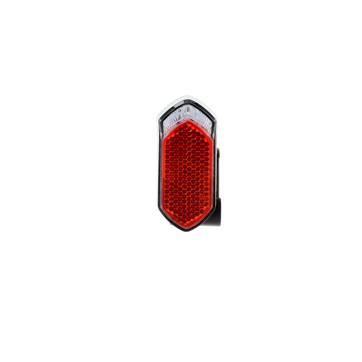 Ein roter Fahrradreflektor mit schwarzem Rahmen. Es hat eine sechseckige Form. Weißer Hintergrund.
