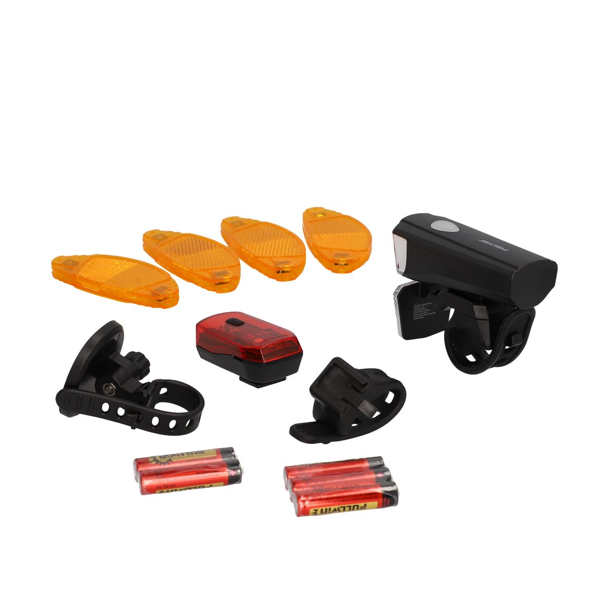 Fahrradlichter und Reflektoren. Enthält einen schwarzen Scheinwerfer, rotes Rücklicht und orangefarbene Reflektoren sowie Batterien.